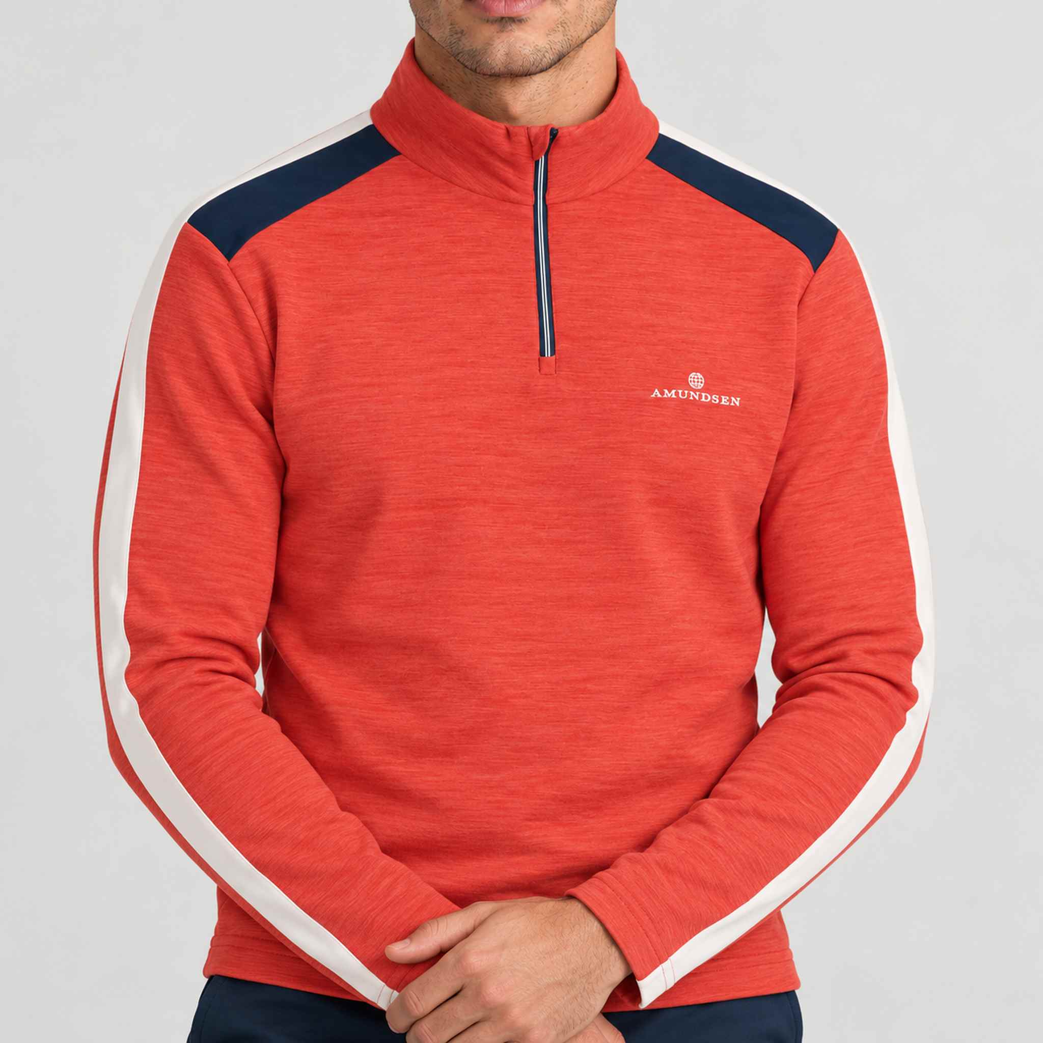 Amundsen 5Mila Half Zip in Terra Red Stripe, close-up fabric detail on model.