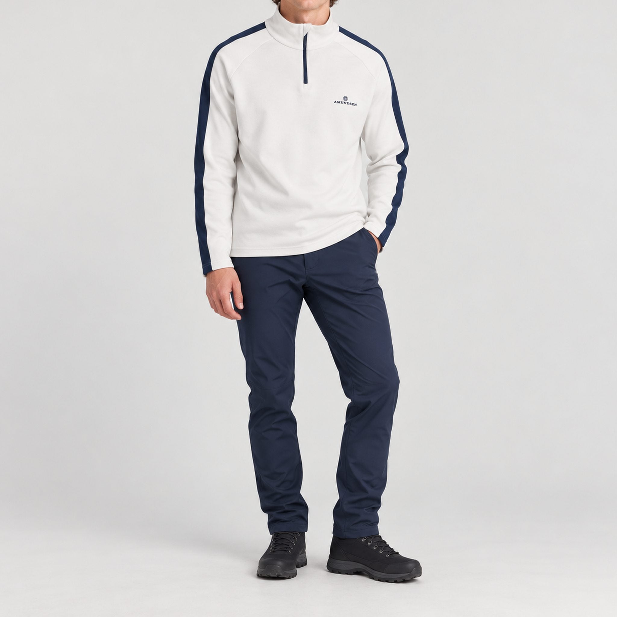 Amundsen 5Mila Half Zip in White Stripe, full outfit view on model.