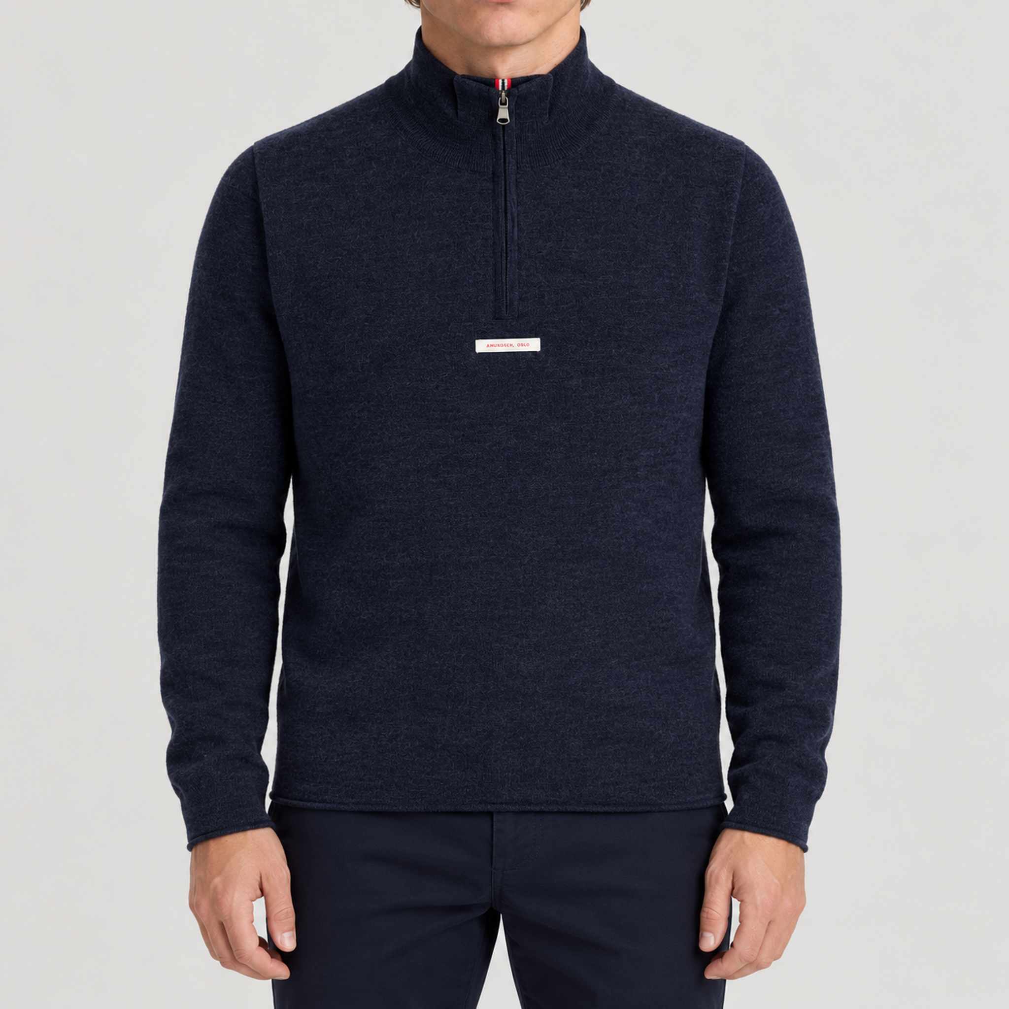 Amundsen Boiled Half Zip in Faded Navy, front view on model.