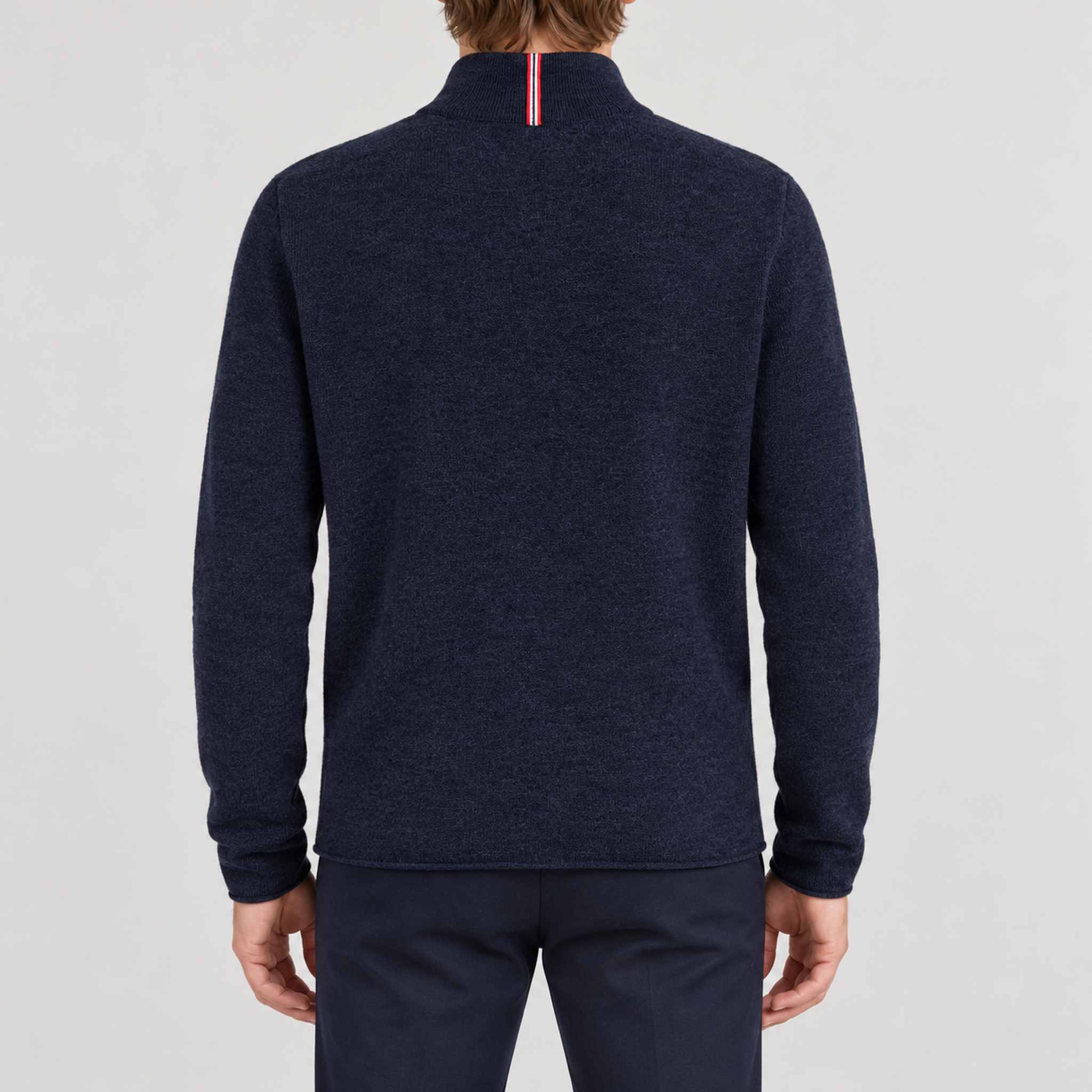 Amundsen Boiled Half Zip in Faded Navy, back view on model.