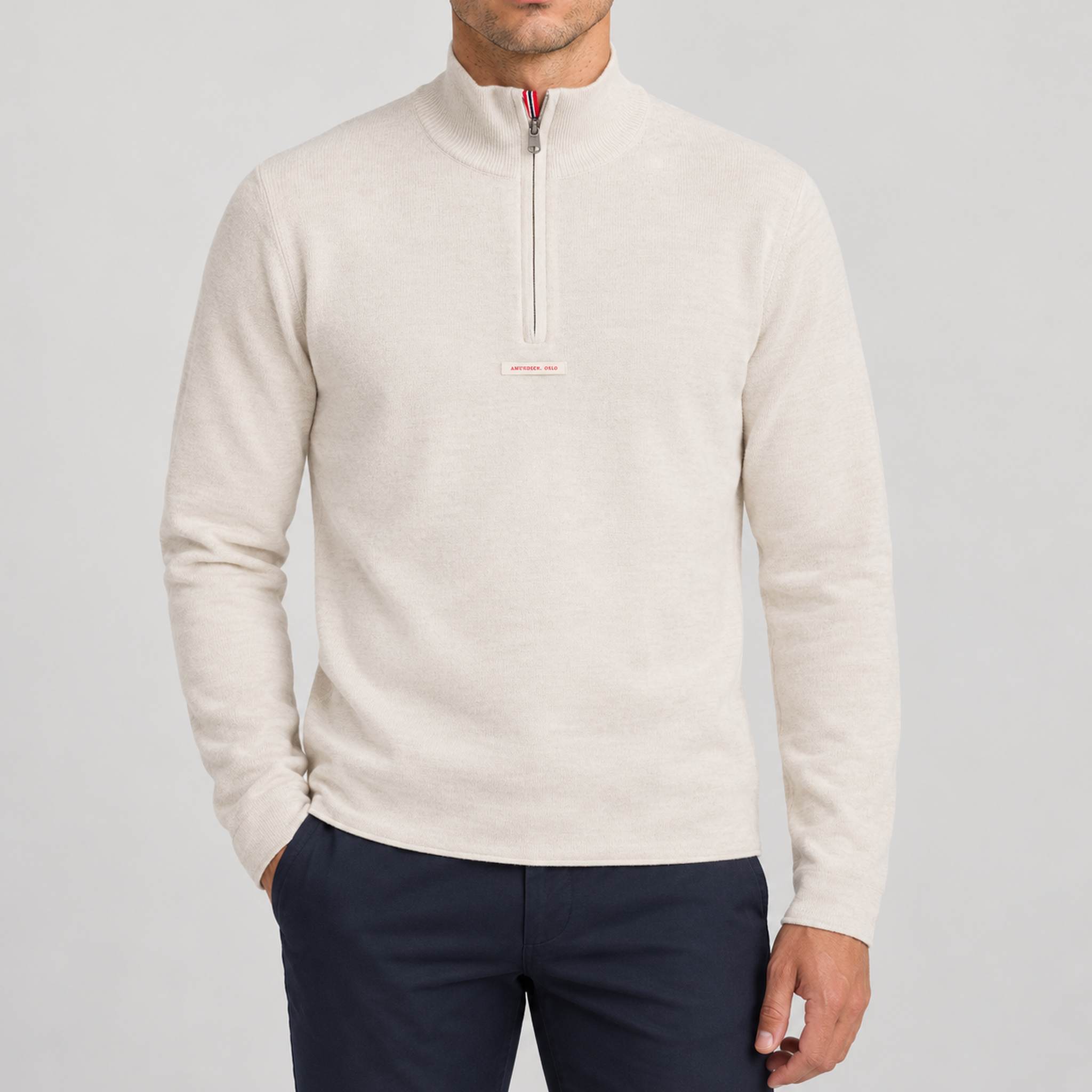 Amundsen Boiled Half Zip in Oatmeal, front view on model.