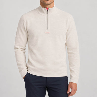Amundsen Boiled Half Zip in Oatmeal, front view on model.