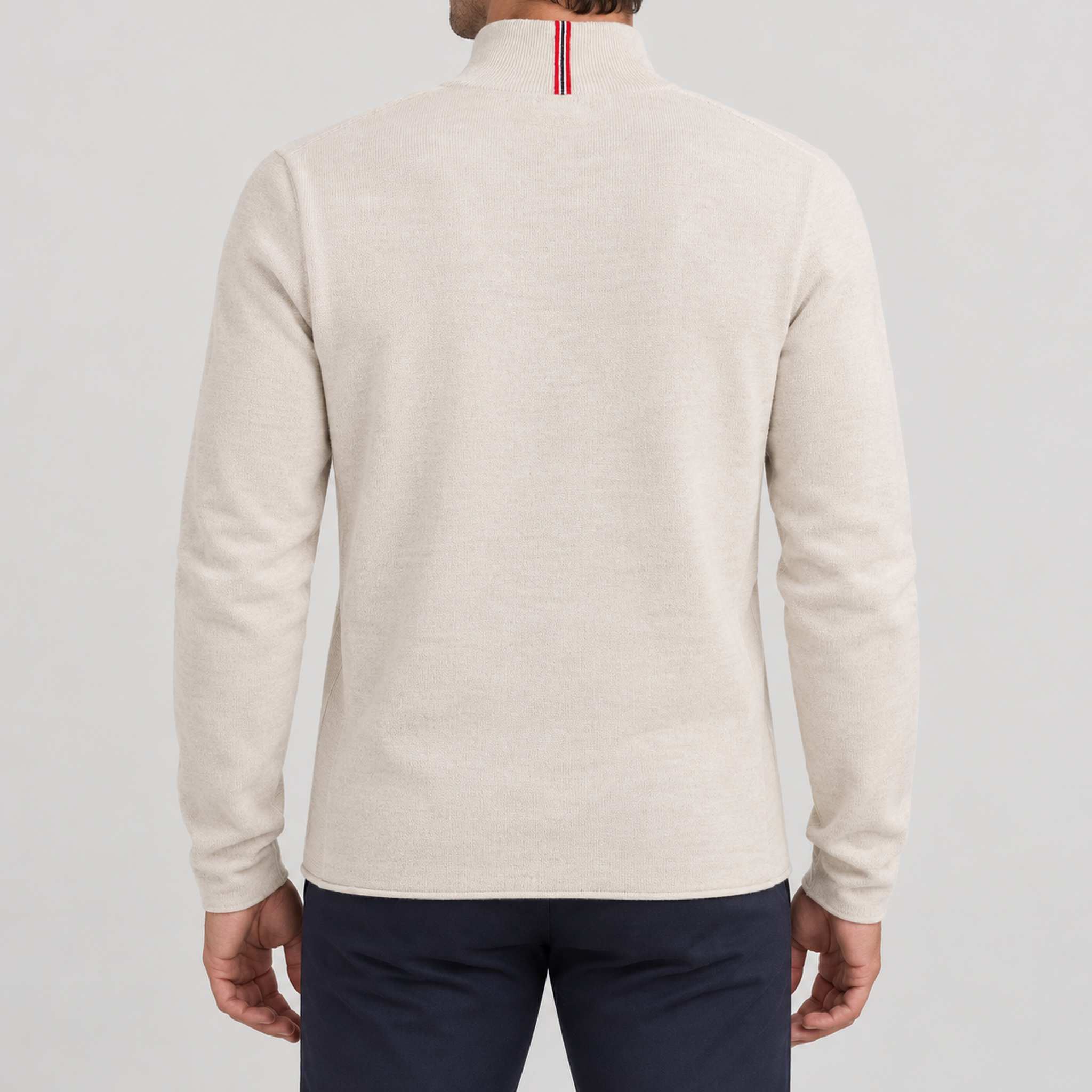 Amundsen Boiled Half Zip in Oatmeal, back view on model.