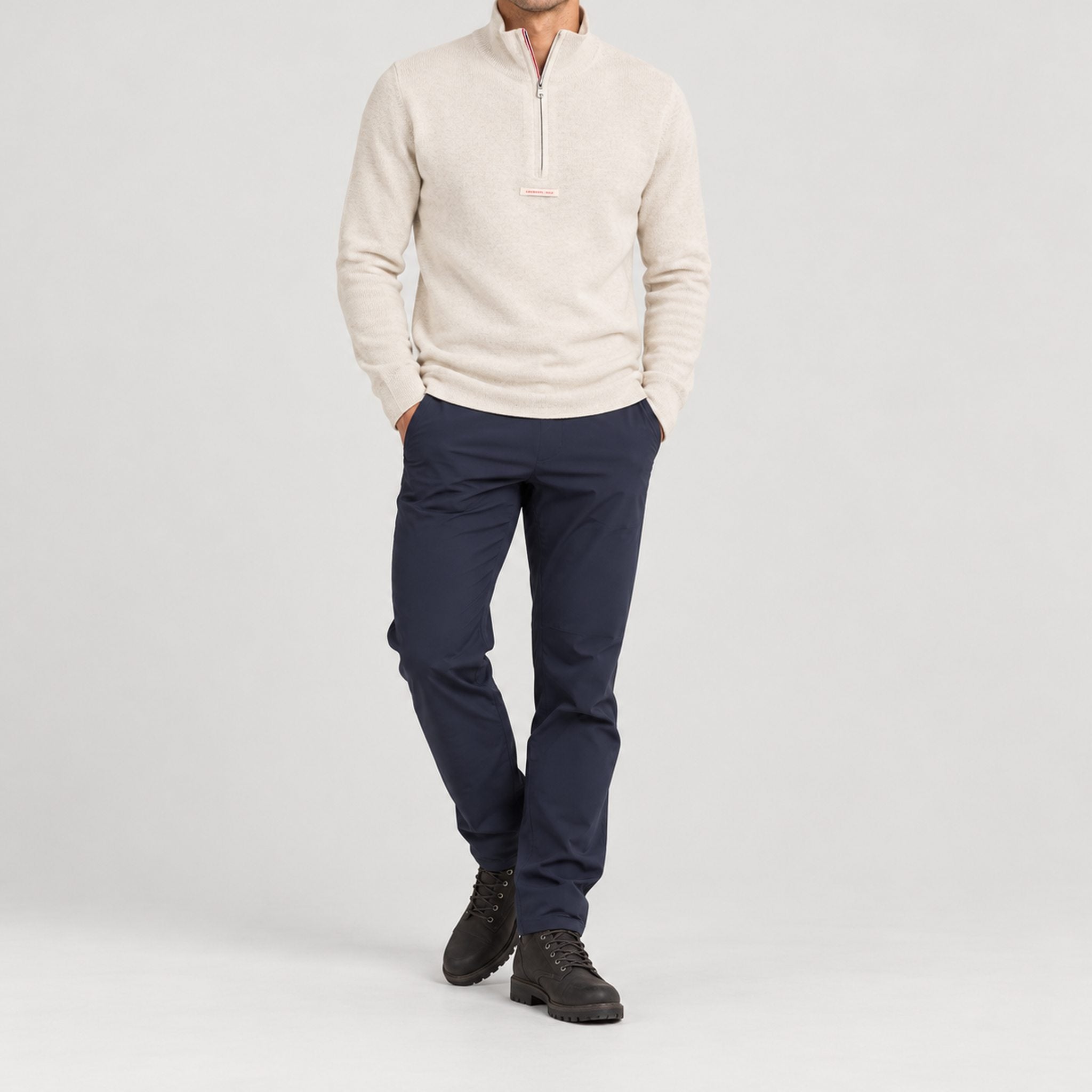 Amundsen Boiled Half Zip in Oatmeal, full outfit view on model.
