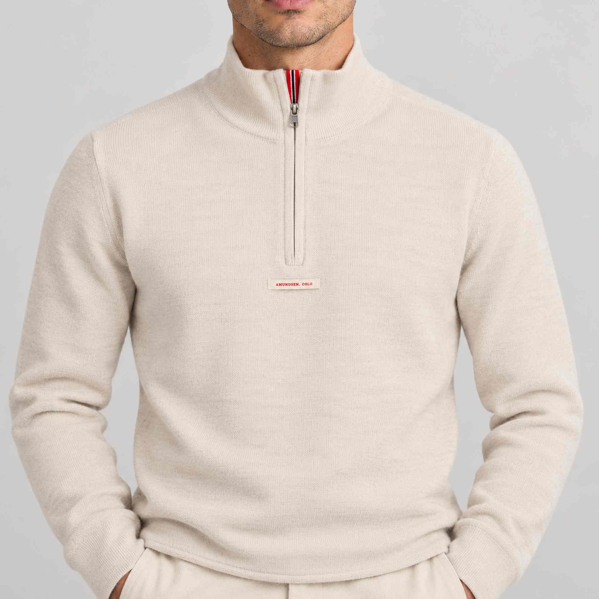 Amundsen Boiled Half Zip in Oatmeal, close-up fabric detail on model.