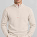 Amundsen Boiled Half Zip in Oatmeal, close-up fabric detail on model.
