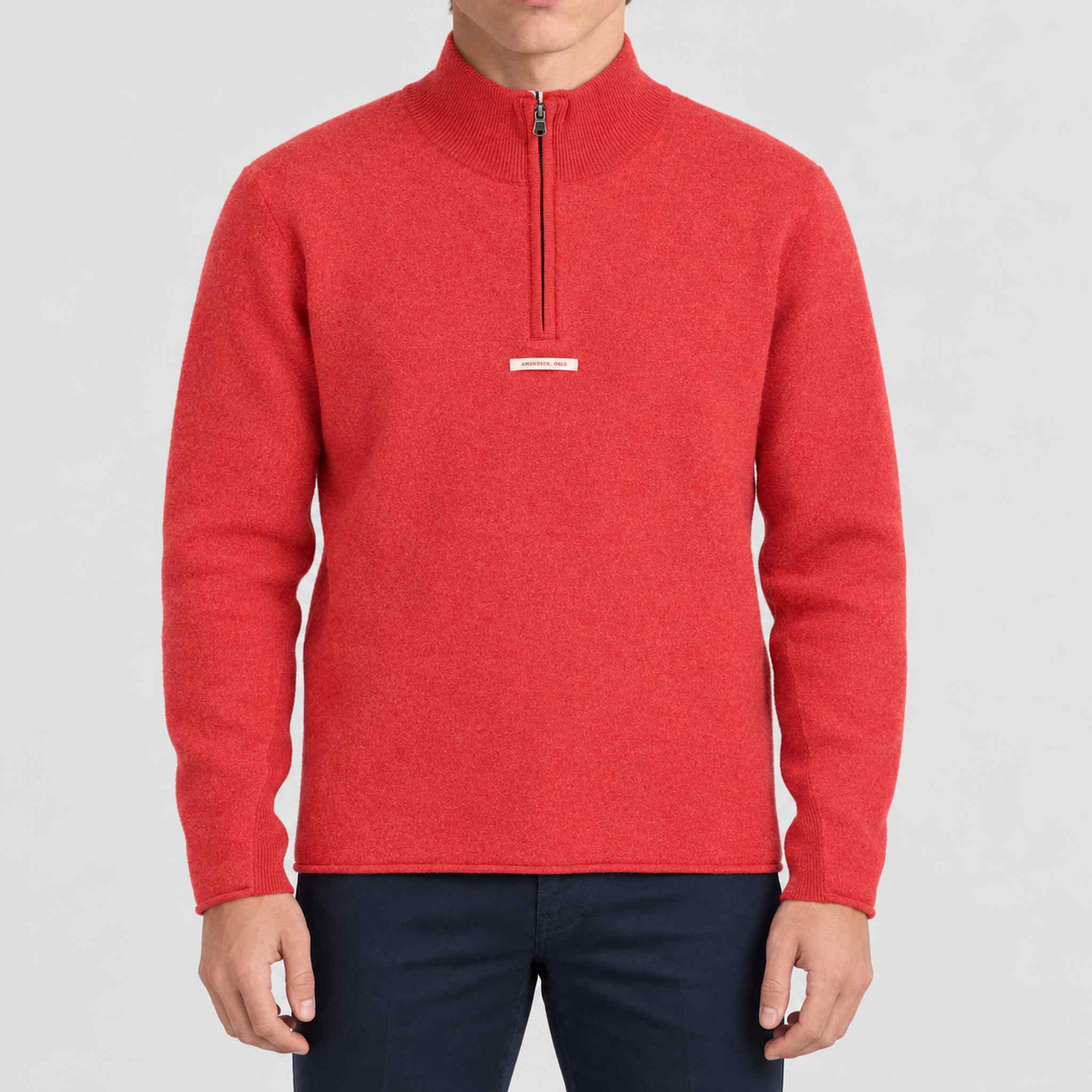Amundsen Boiled Half Zip in Weathered Red, front view on model.