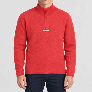 Amundsen Boiled Half Zip in Weathered Red, front view on model.