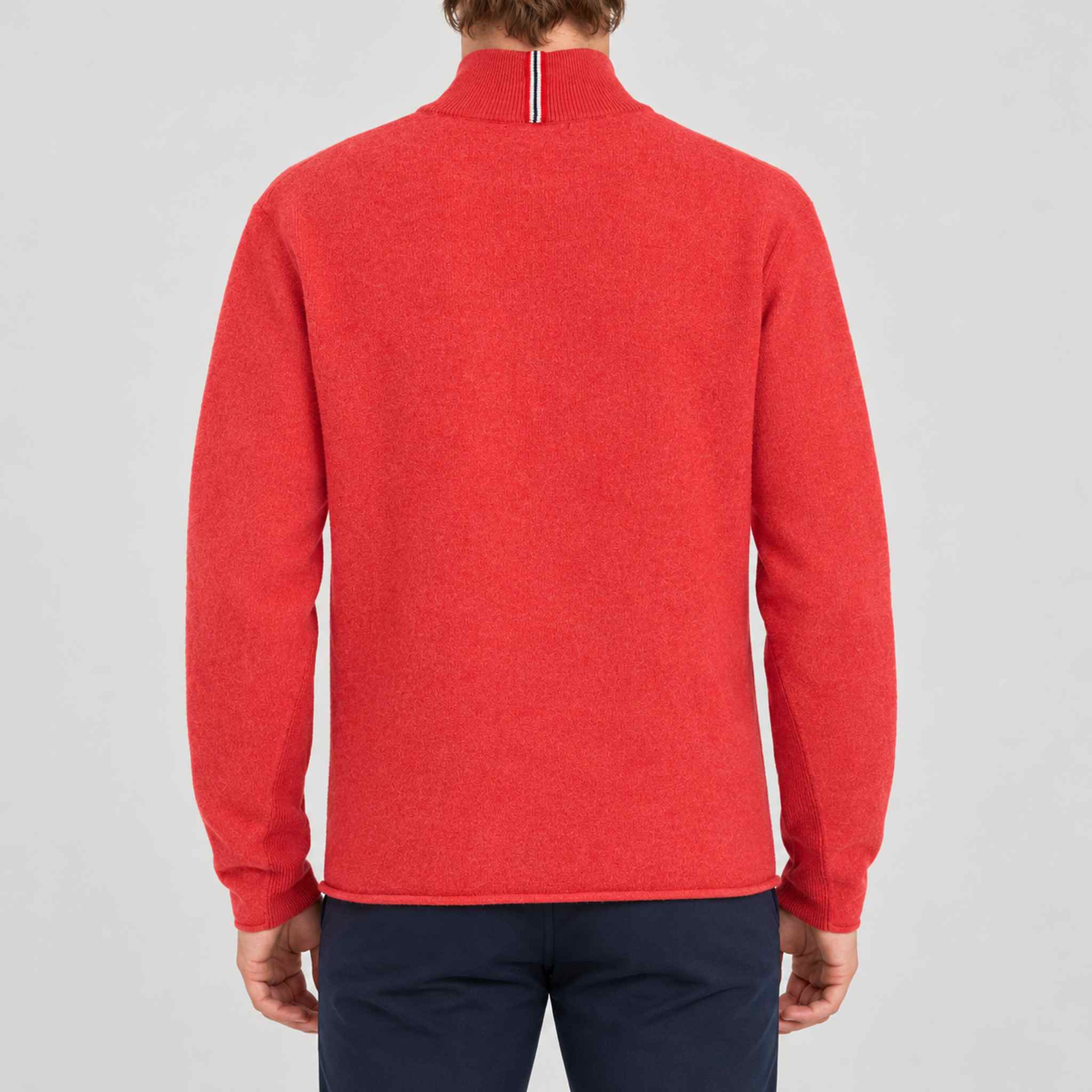 Amundsen Boiled Half Zip in Weathered Red, back view on model.