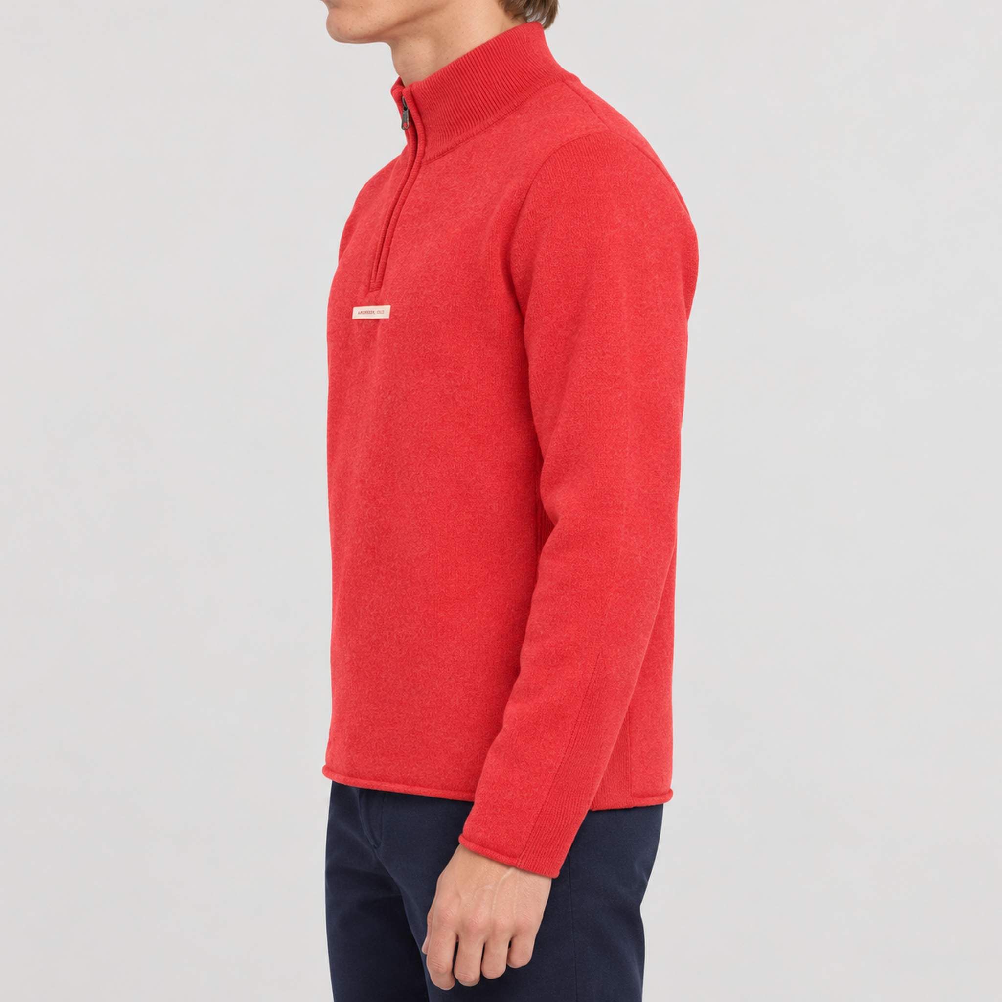 Amundsen Boiled Half Zip in Weathered Red, side view on model.
