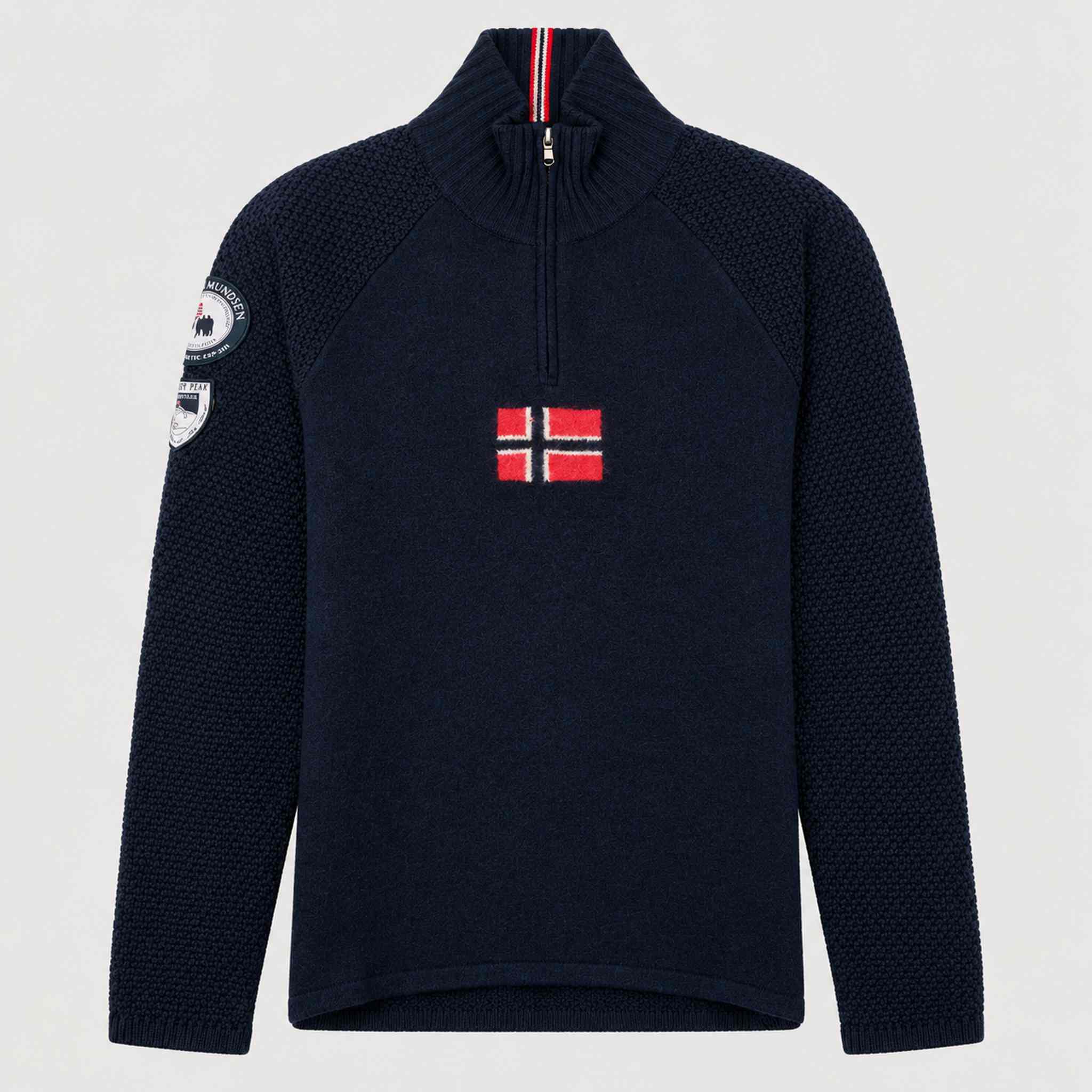 Amundsen Boiled Ski Flag Sweater in Faded Navy, front product view.