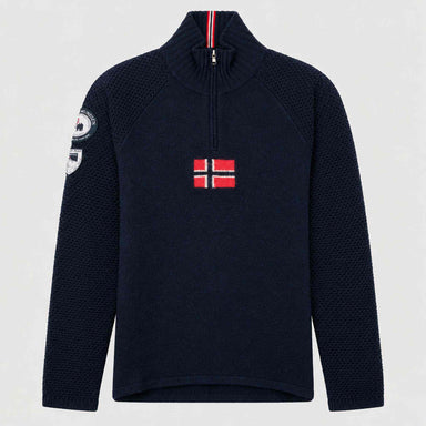 Amundsen Boiled Ski Flag Sweater in Faded Navy, front product view.