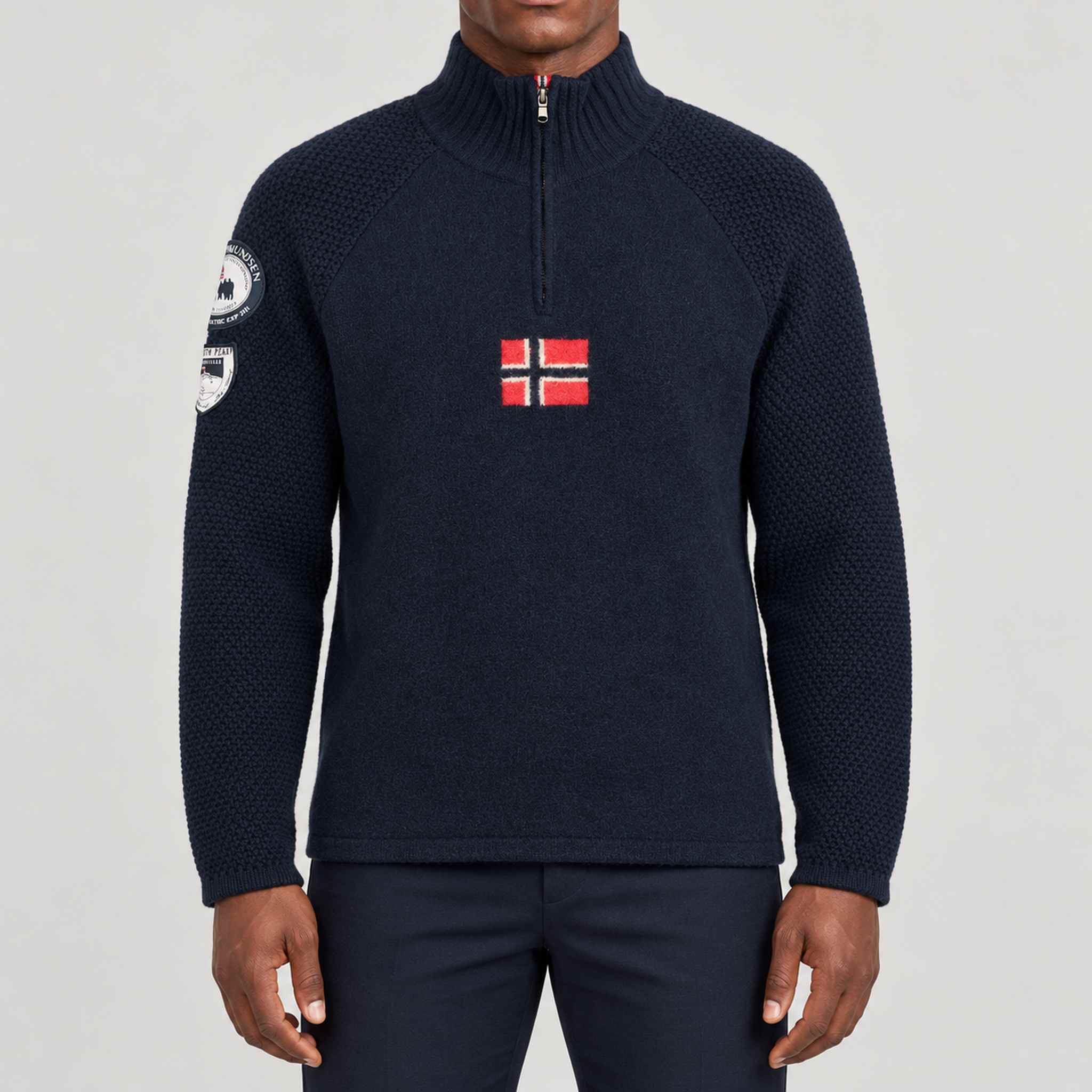 Amundsen Boiled Ski Flag Sweater in Faded Navy, front view on model.