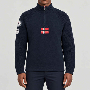 Amundsen Boiled Ski Flag Sweater in Faded Navy, front view on model.