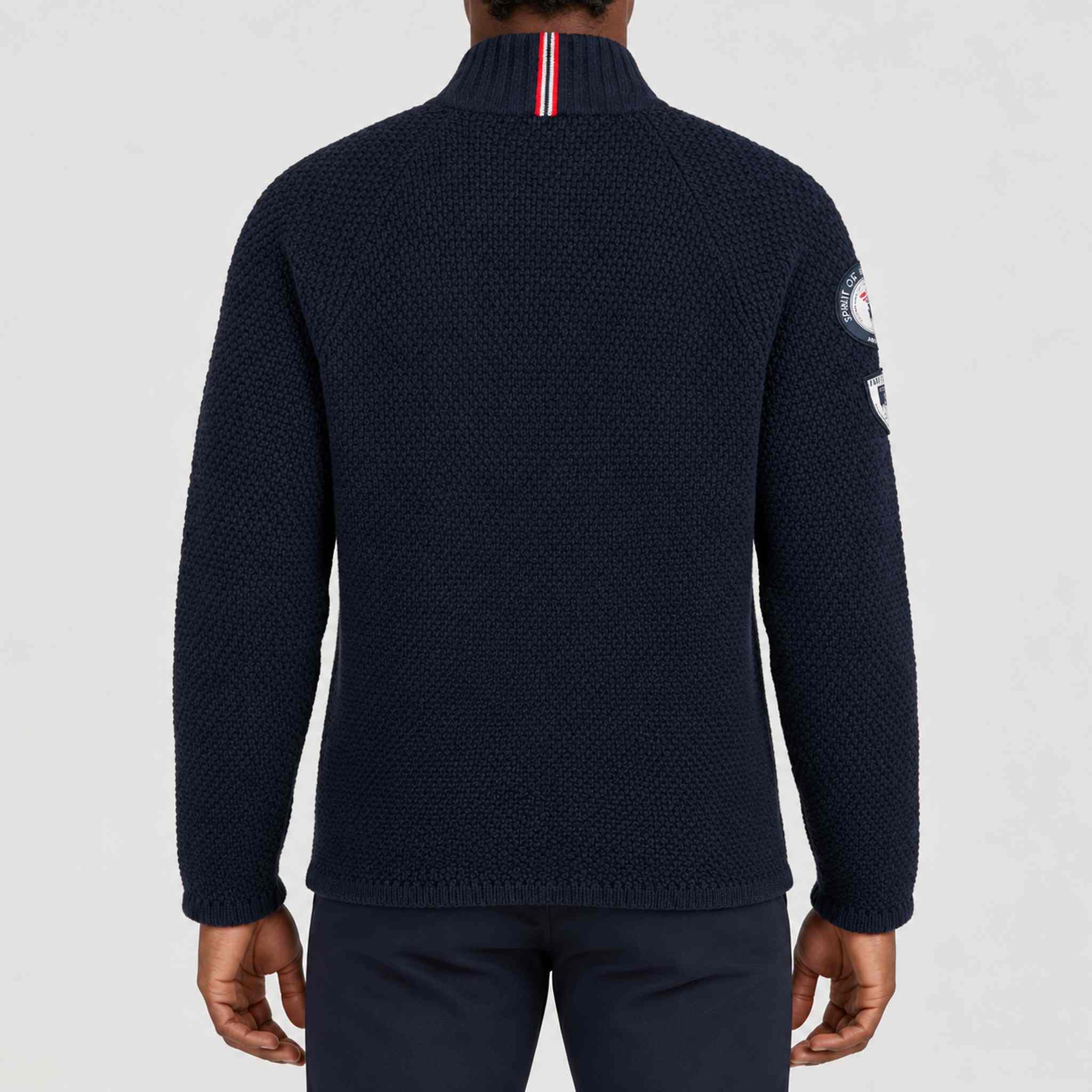 Amundsen Boiled Ski Flag Sweater in Faded Navy, back view on model.