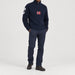 Amundsen Boiled Ski Flag Sweater in Faded Navy, full outfit view on model.
