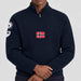 Amundsen Boiled Ski Flag Sweater in Faded Navy, close-up fabric detail on model.
