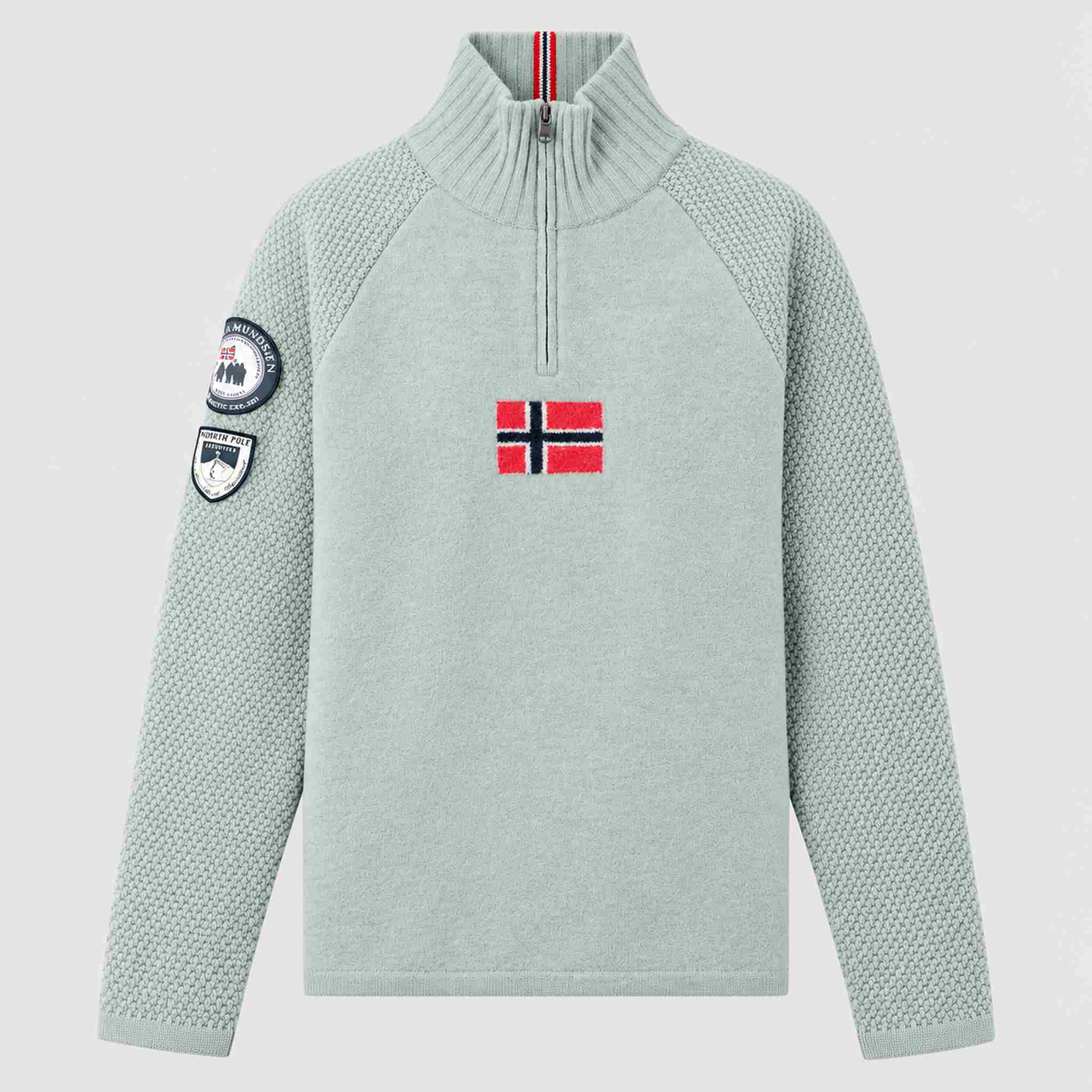 Amundsen Boiled Ski Flag Sweater in Faded Woad Green/Norge, front product view.