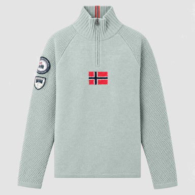 Amundsen Boiled Ski Flag Sweater in Faded Woad Green/Norge, front product view.