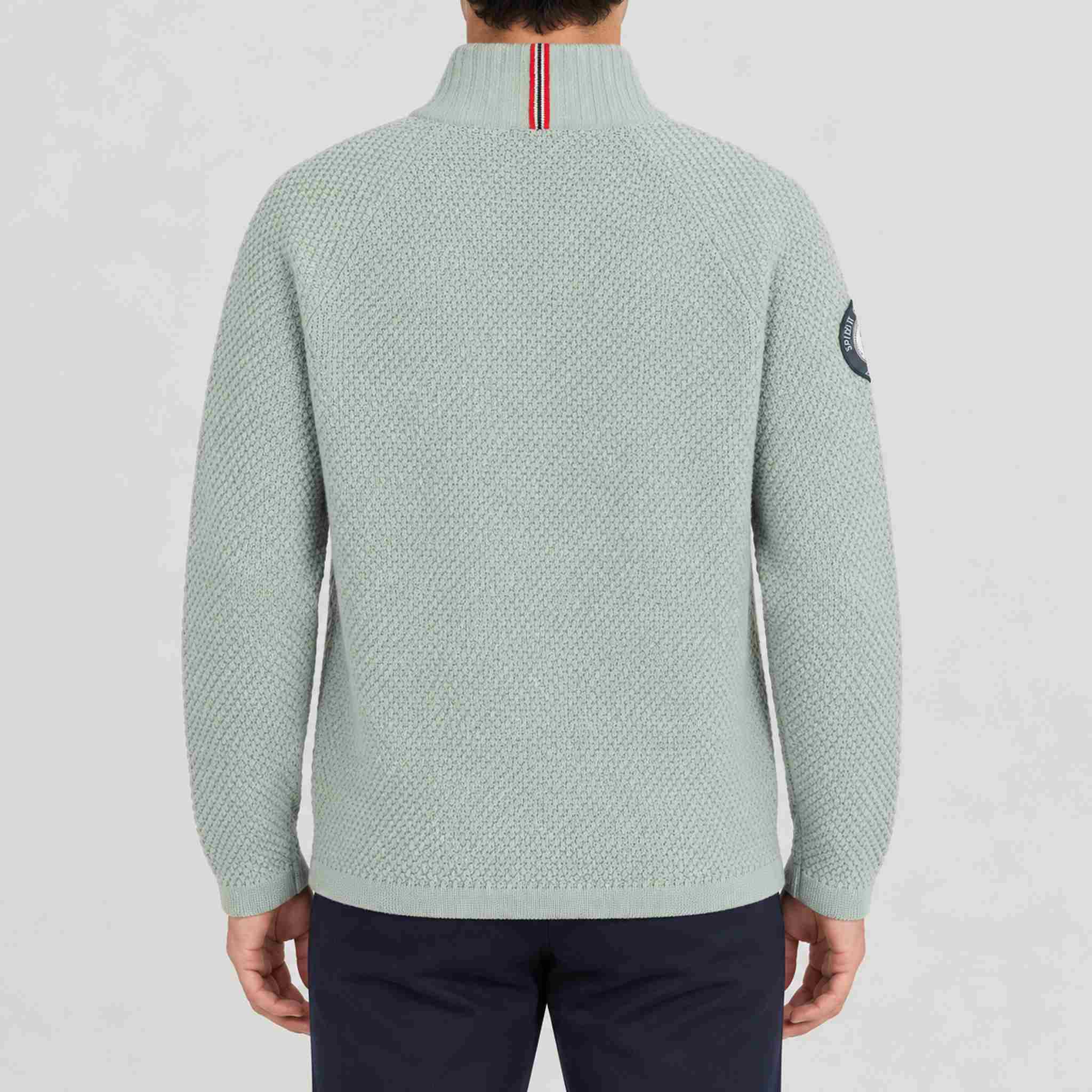 Amundsen Boiled Ski Flag Sweater in Faded Woad Green/Norge, back view on model.