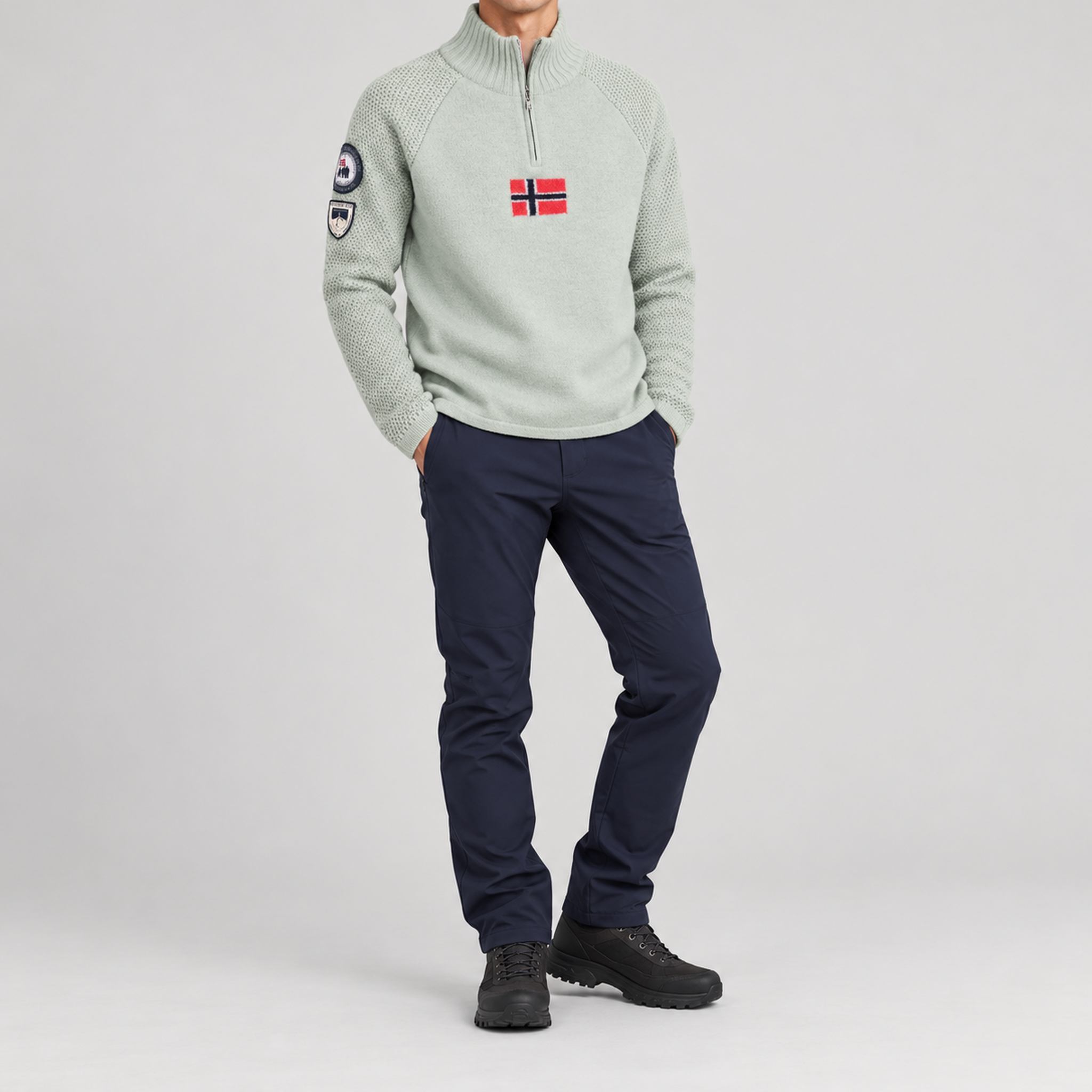 Amundsen Boiled Ski Flag Sweater in Faded Woad Green/Norge, full outfit view on model.