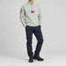 Amundsen Boiled Ski Flag Sweater in Faded Woad Green/Norge, full outfit view on model.