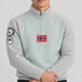 Amundsen Boiled Ski Flag Sweater in Faded Woad Green/Norge, close-up fabric detail on model.