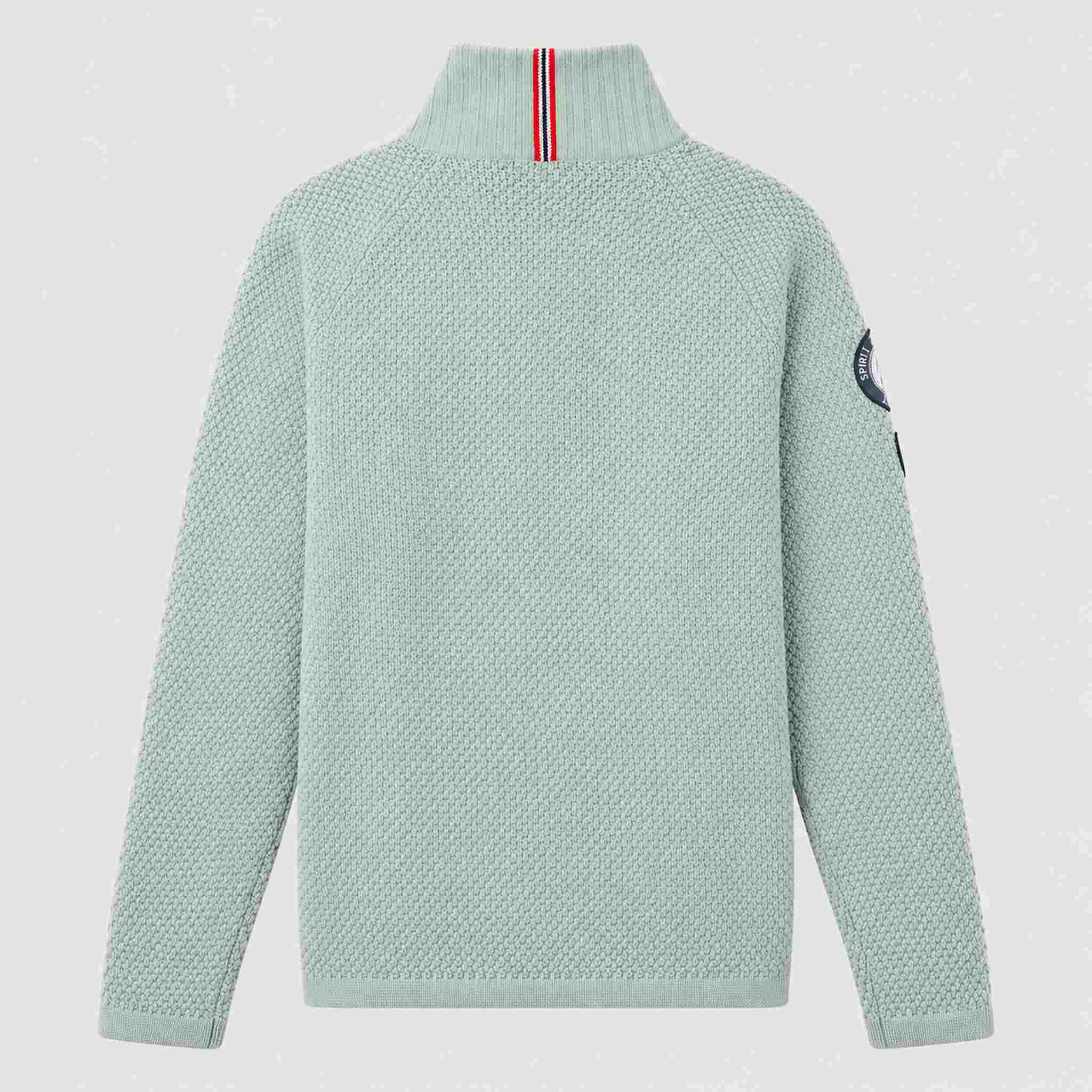 Amundsen Boiled Ski Flag Sweater in Faded Woad Green/Norge, back product view.