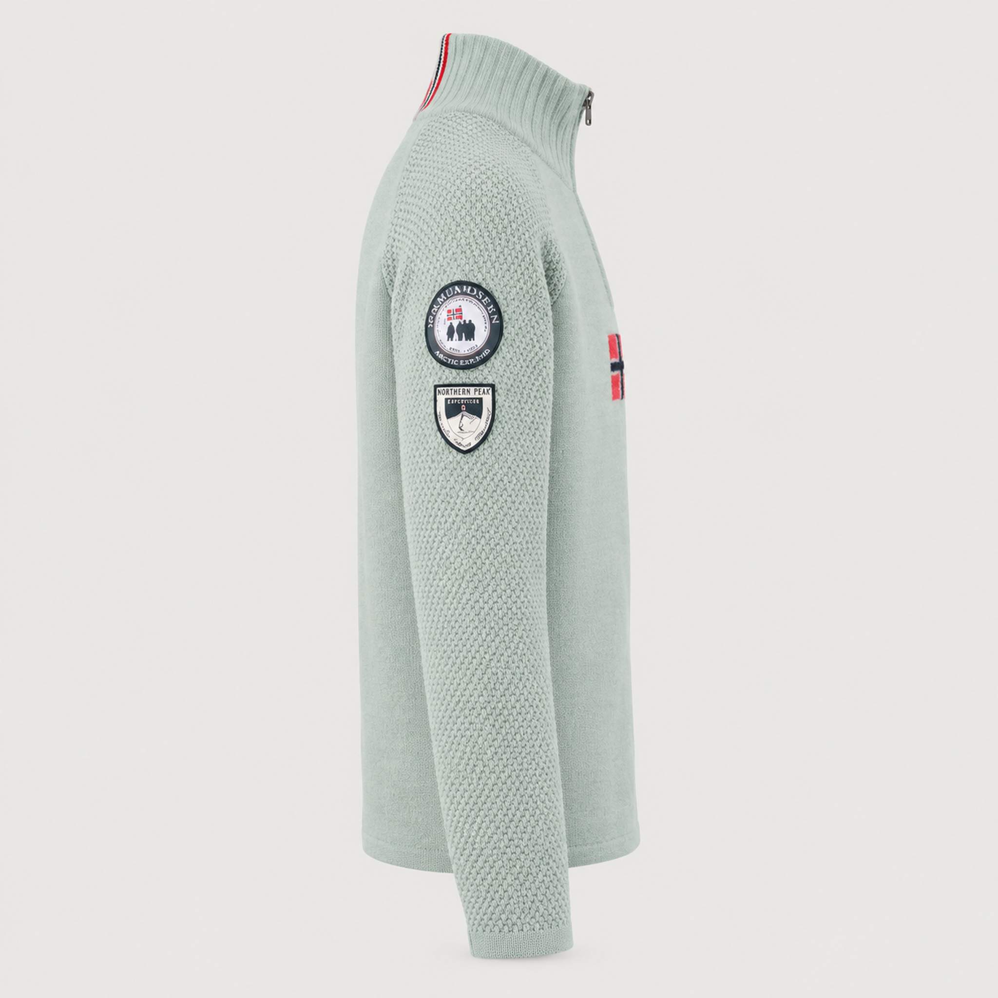 Amundsen Boiled Ski Flag Sweater in Faded Woad Green/Norge, side product view.