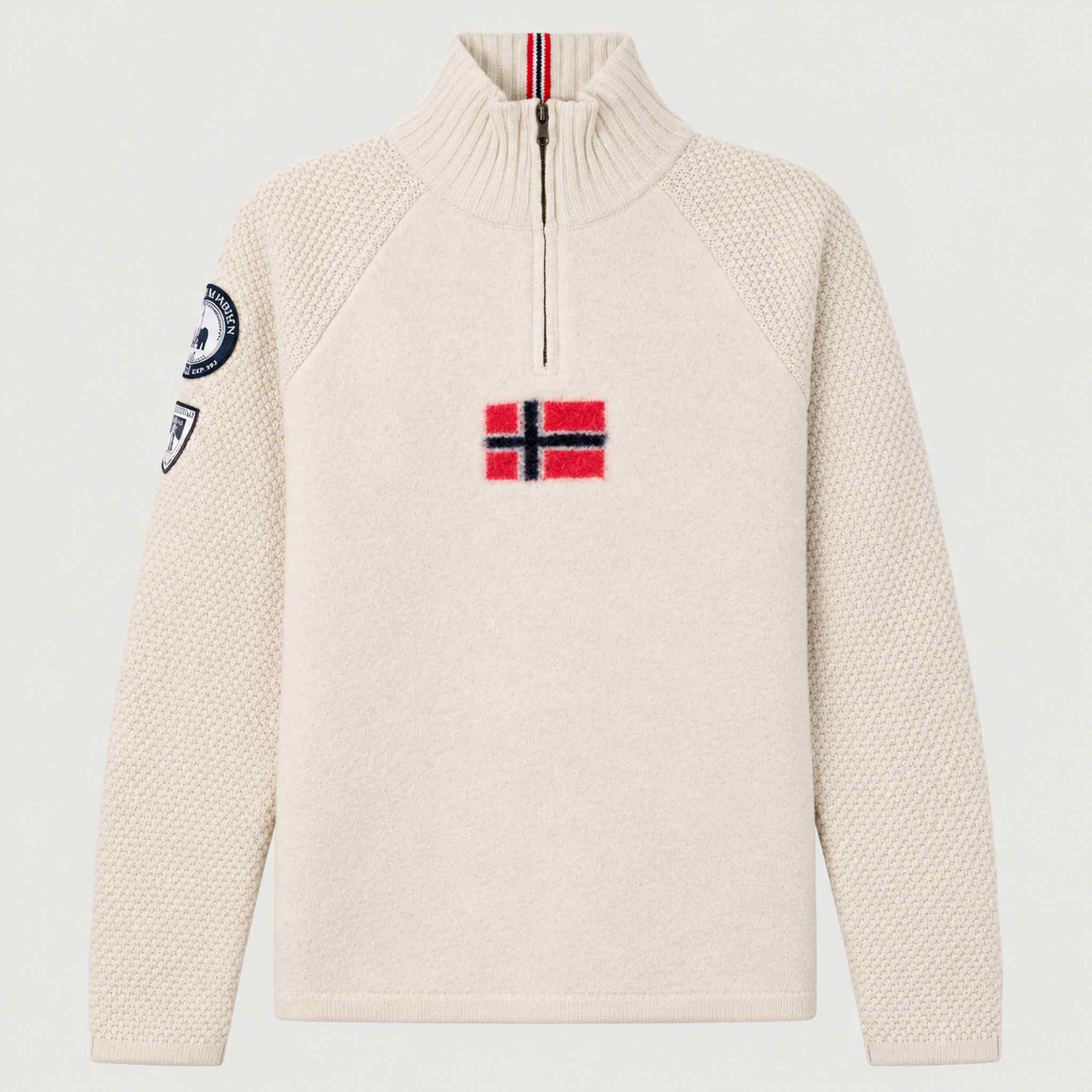 Amundsen Boiled Ski Flag Sweater in Oatmeal, front product view.