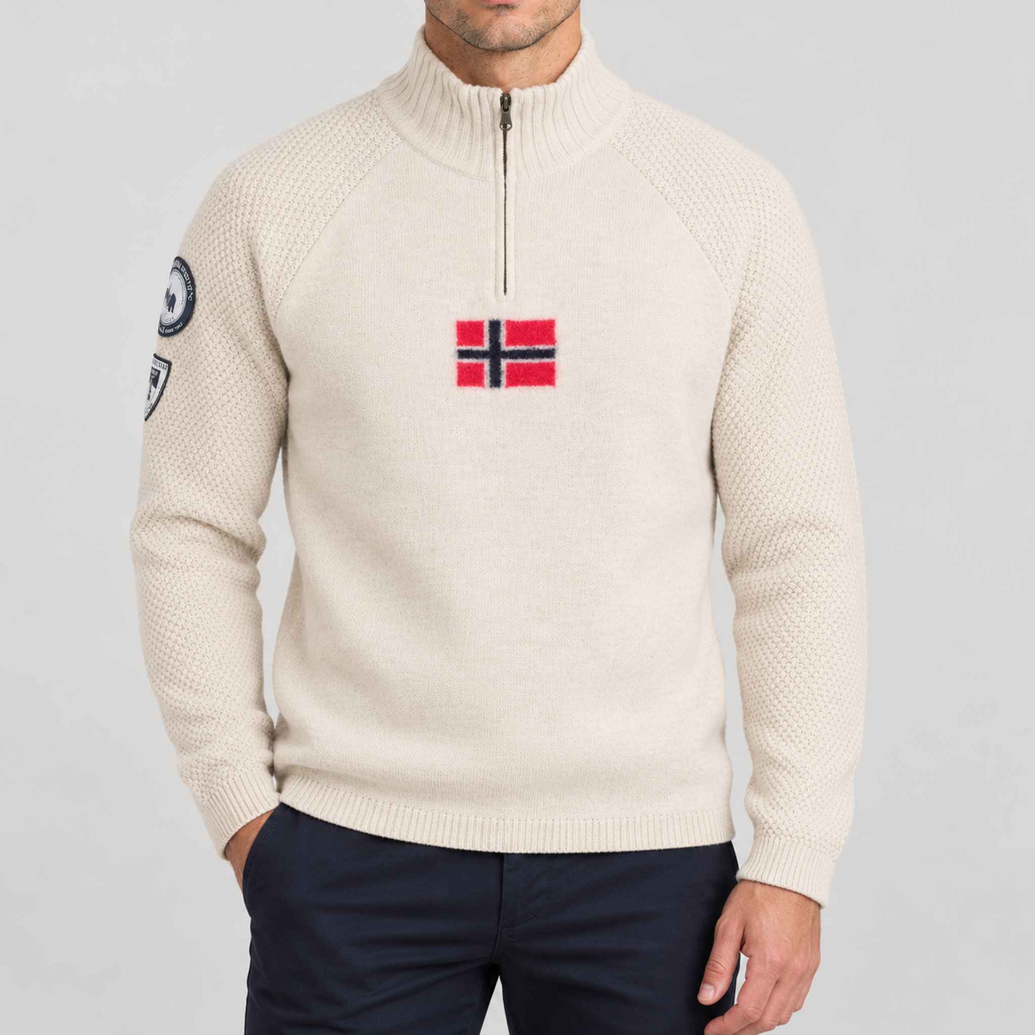 Amundsen Boiled Ski Flag Sweater in Oatmeal, front view on model.