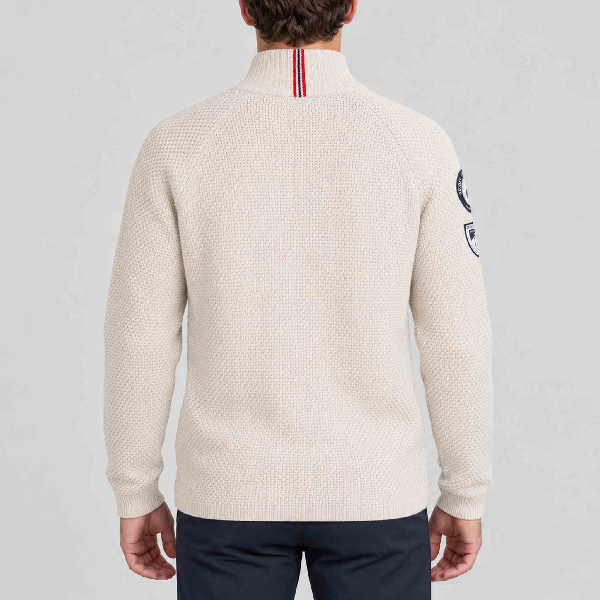 Amundsen Boiled Ski Flag Sweater in Oatmeal, back view on model.