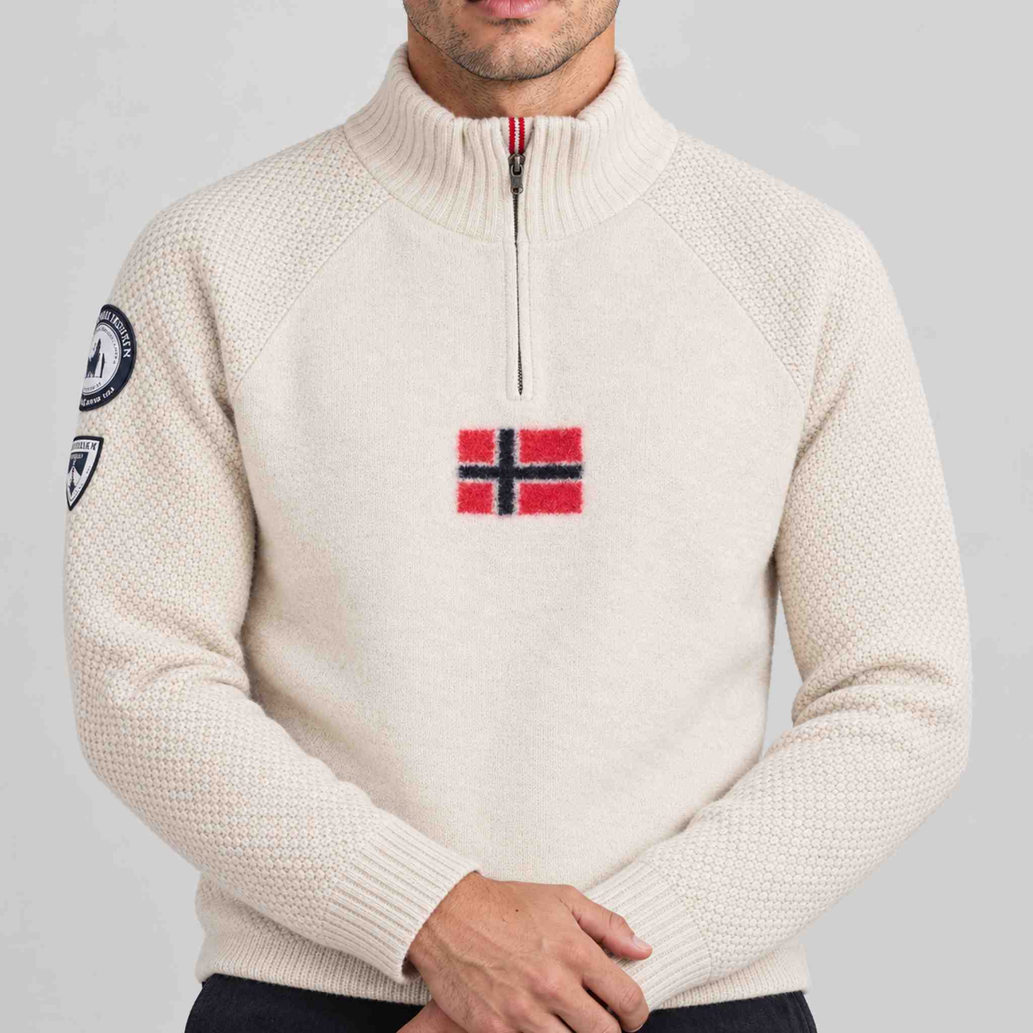 Amundsen Boiled Ski Flag Sweater in Oatmeal, close-up fabric detail on model.