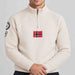 Amundsen Boiled Ski Flag Sweater in Oatmeal, close-up fabric detail on model.