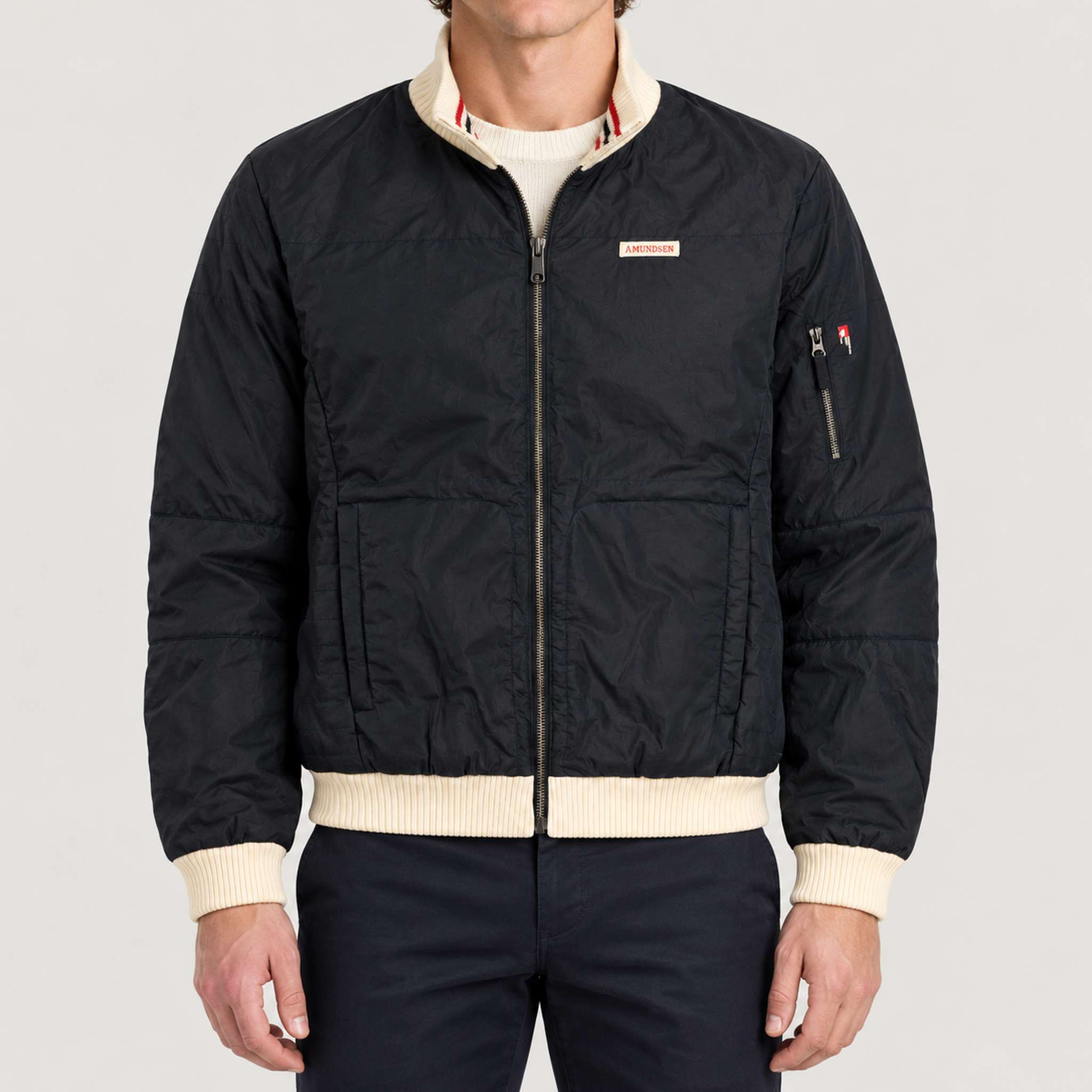 Amundsen men's Breguet Waxed Jacket in Faded Navy, model front.