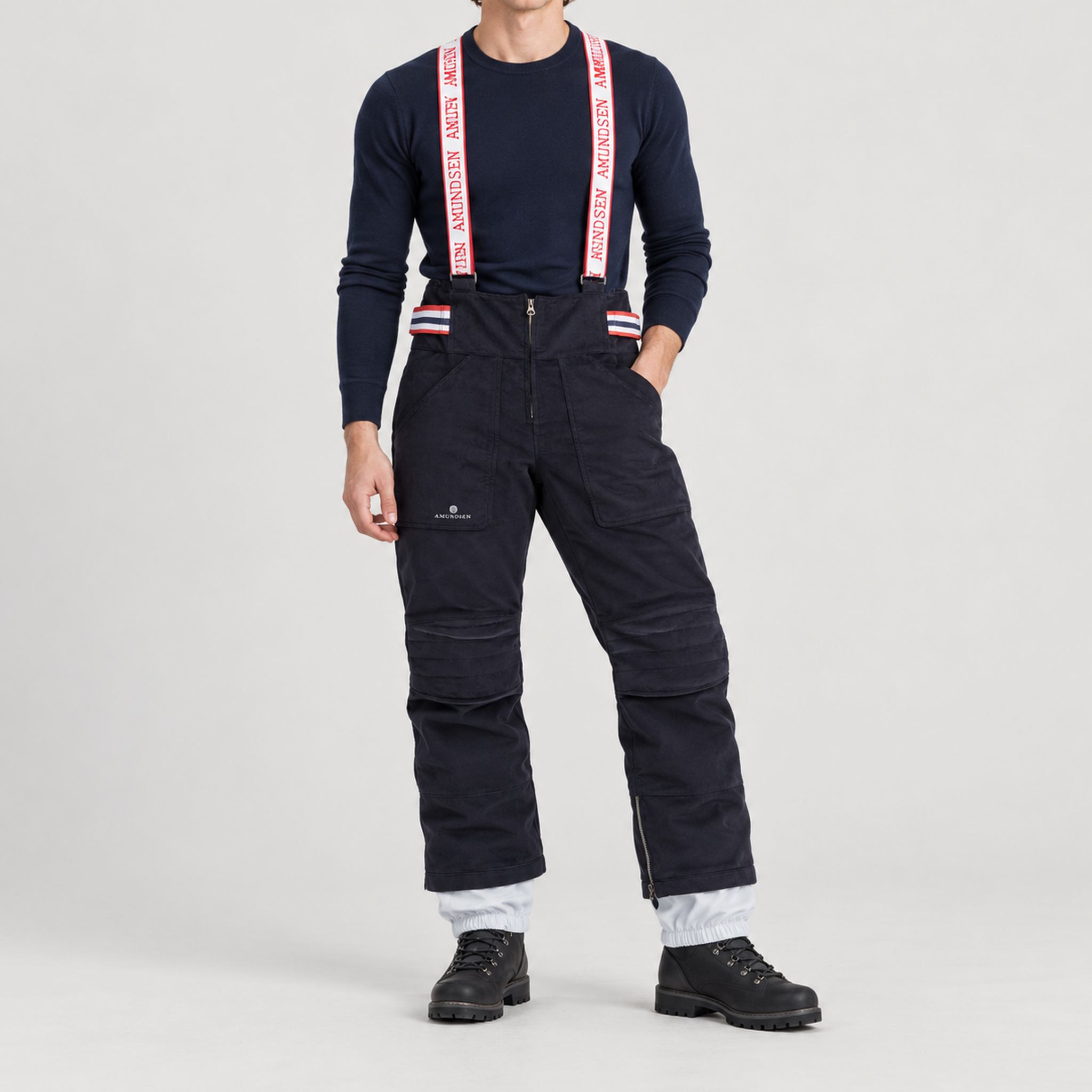 Amundsen Concord Ski Pants in Faded Navy, full outfit view on model.