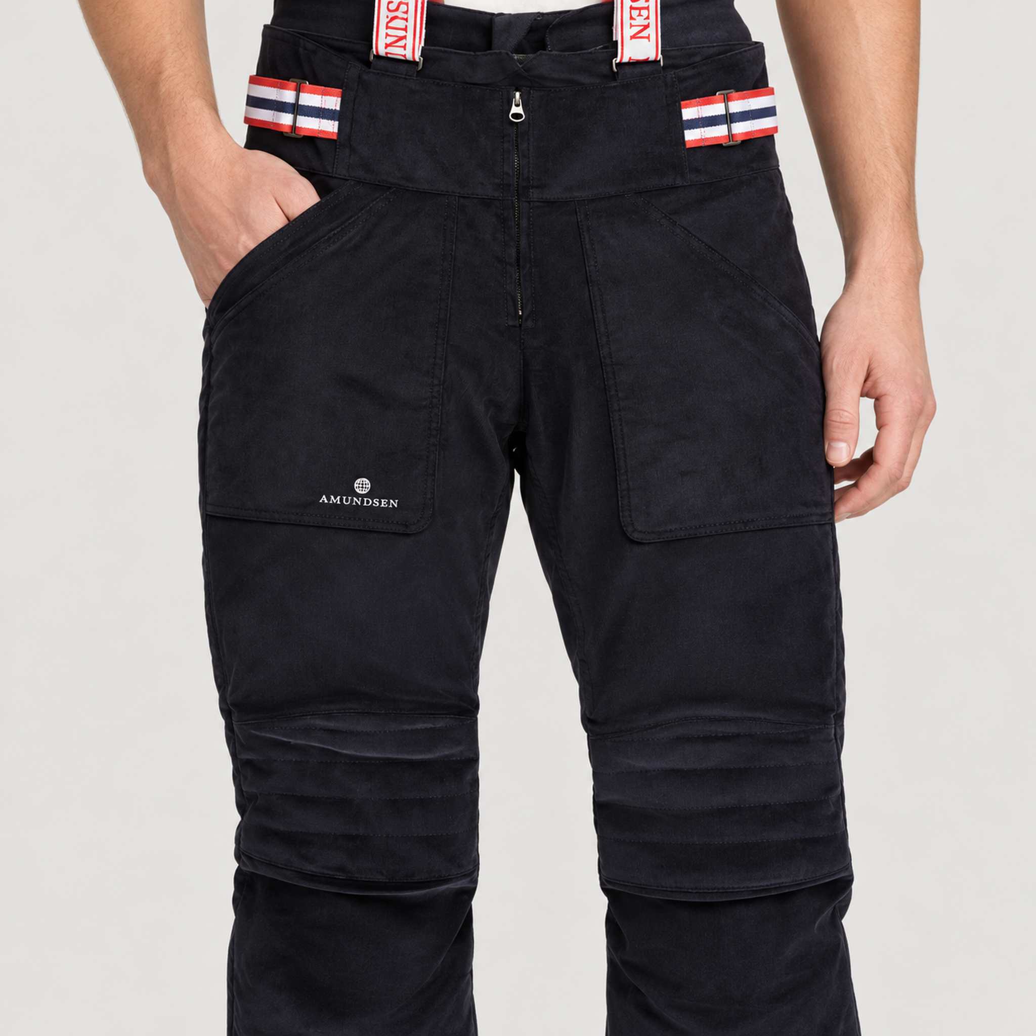 Amundsen Concord Ski Pants in Faded Navy, close-up fabric detail on model.