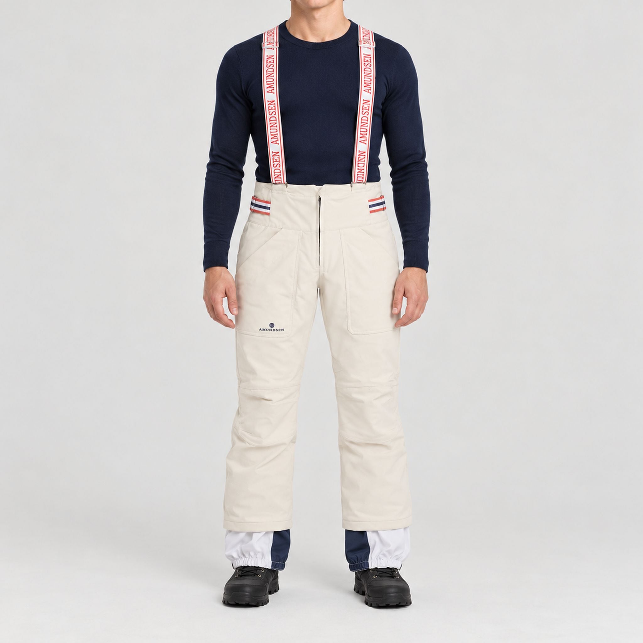 Amundsen Concord Ski Pants in Natural, front view on model.