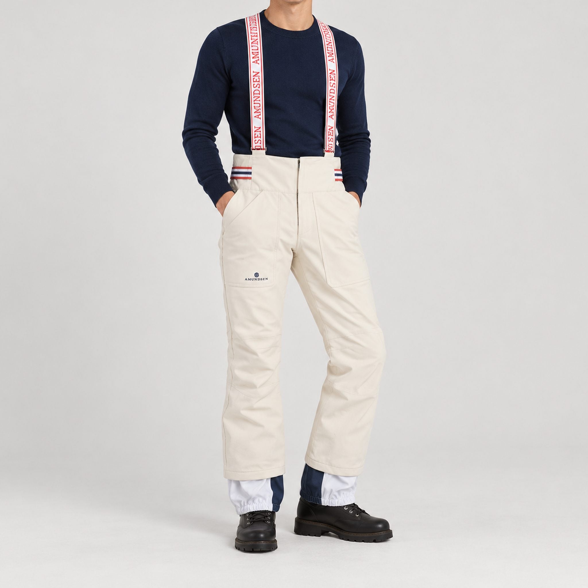 Amundsen Concord Ski Pants in Natural, full outfit view on model.