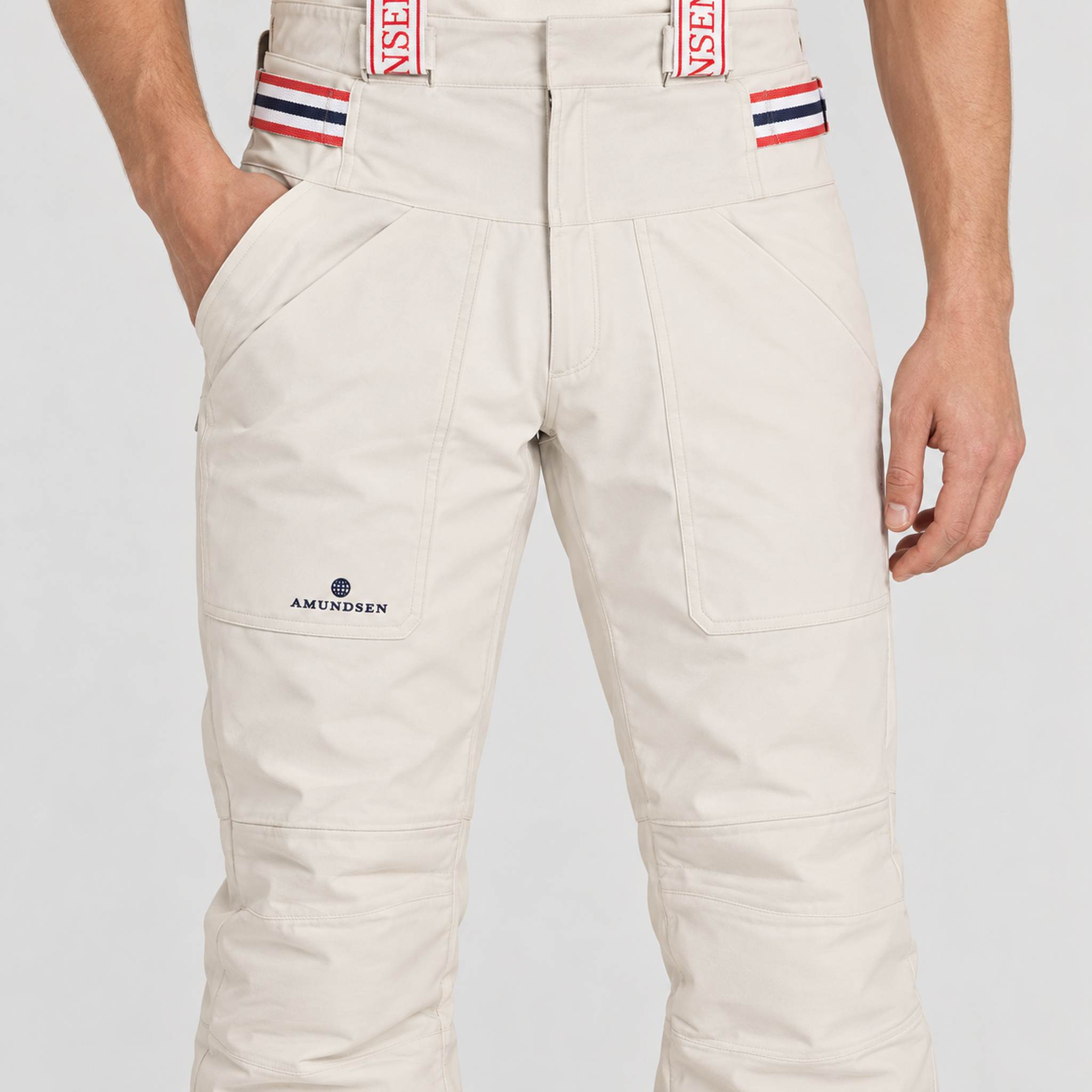 Amundsen Concord Ski Pants in Natural, close-up fabric detail on model.
