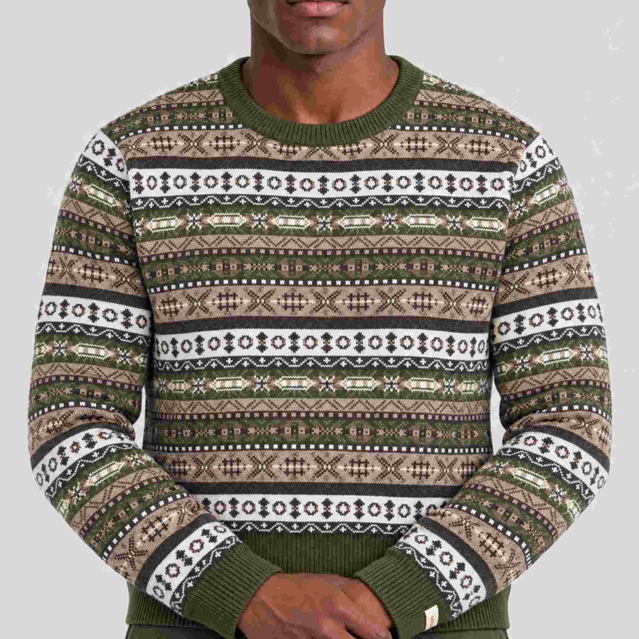 Amundsen Dunkirk Crew Neck, close-up fabric detail on model.