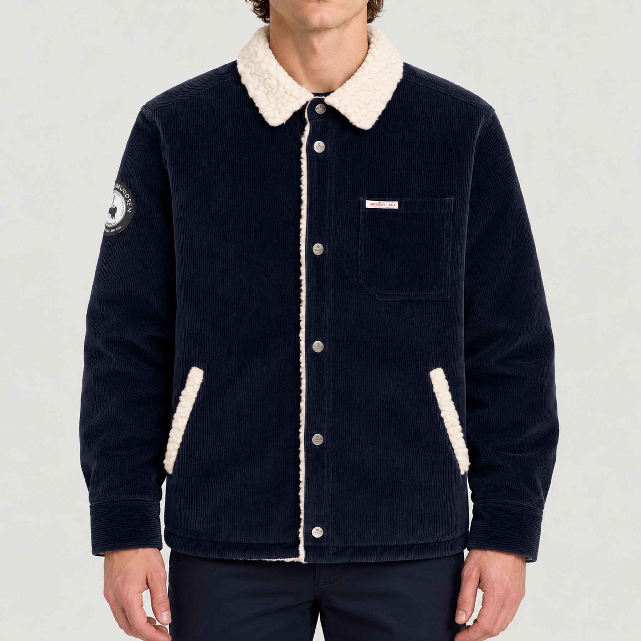 Amundsen Harvester Overshirt in True Navy, front view on model.