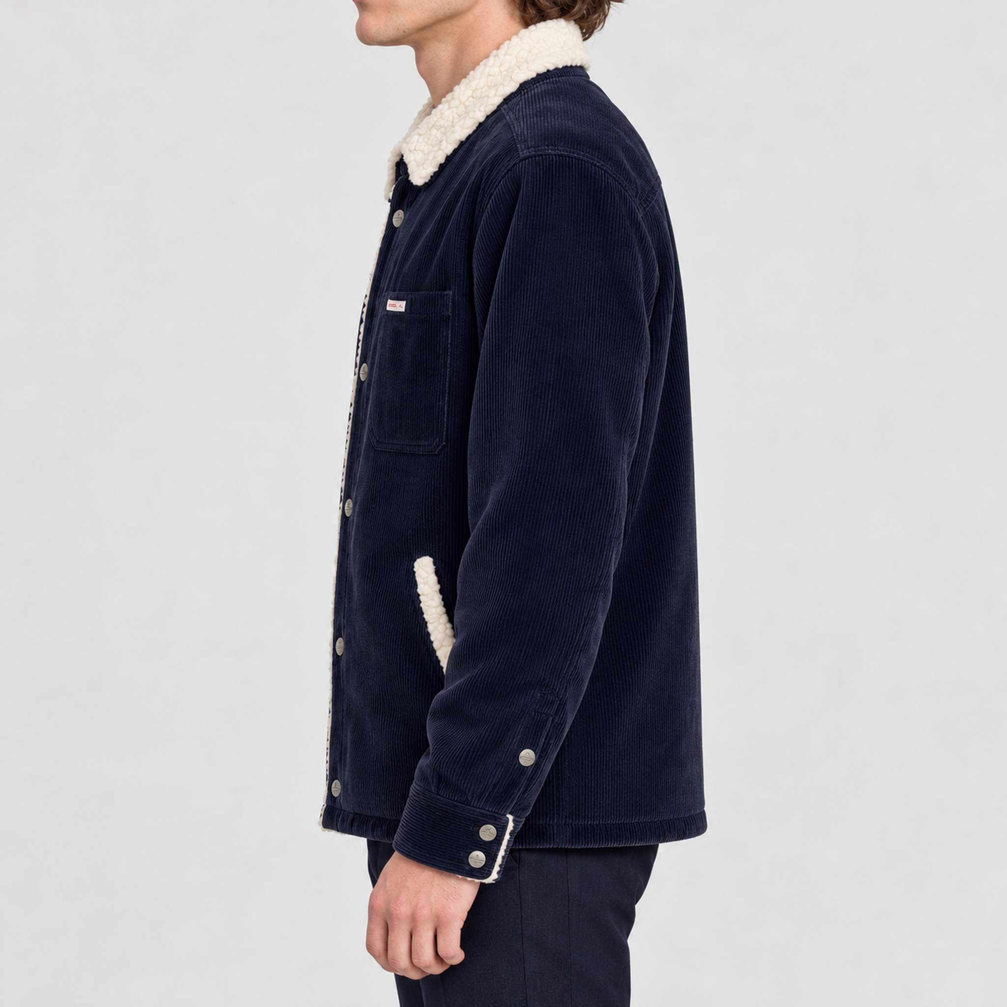 Amundsen Harvester Overshirt in True Navy, side view on model.