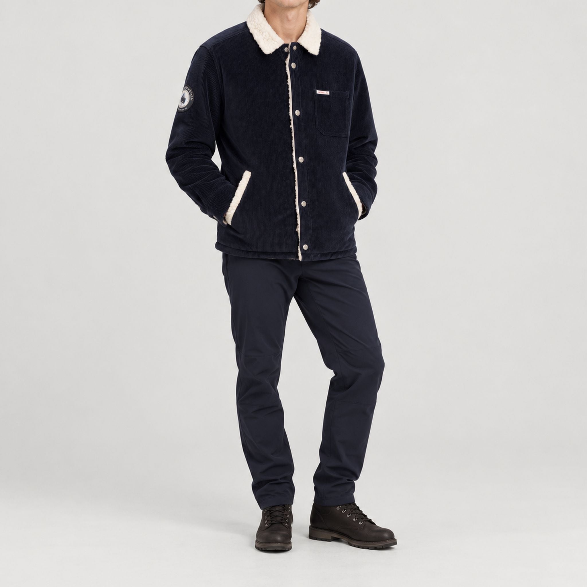 Amundsen Harvester Overshirt in True Navy, full outfit view on model.