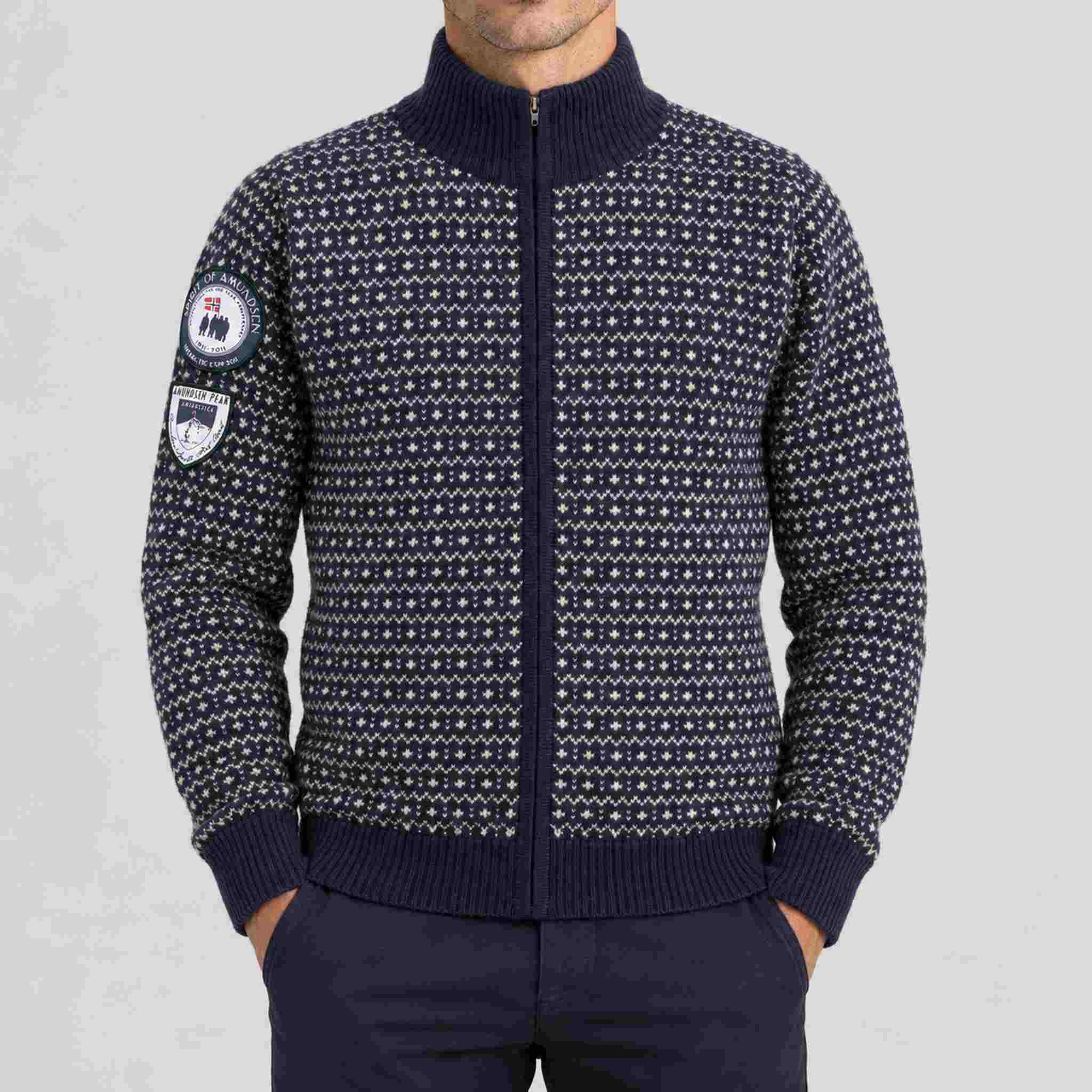 Amundsen Heroes of Telemark Full Zip in Faded Navy, front view on model.