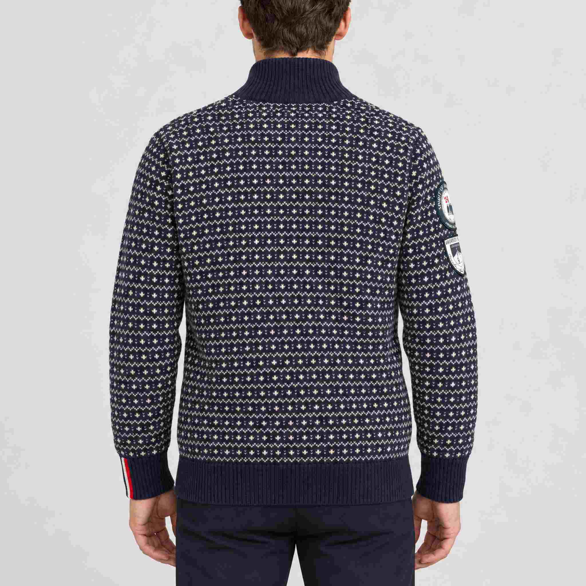 Amundsen Heroes of Telemark Full Zip in Faded Navy, back view on model.