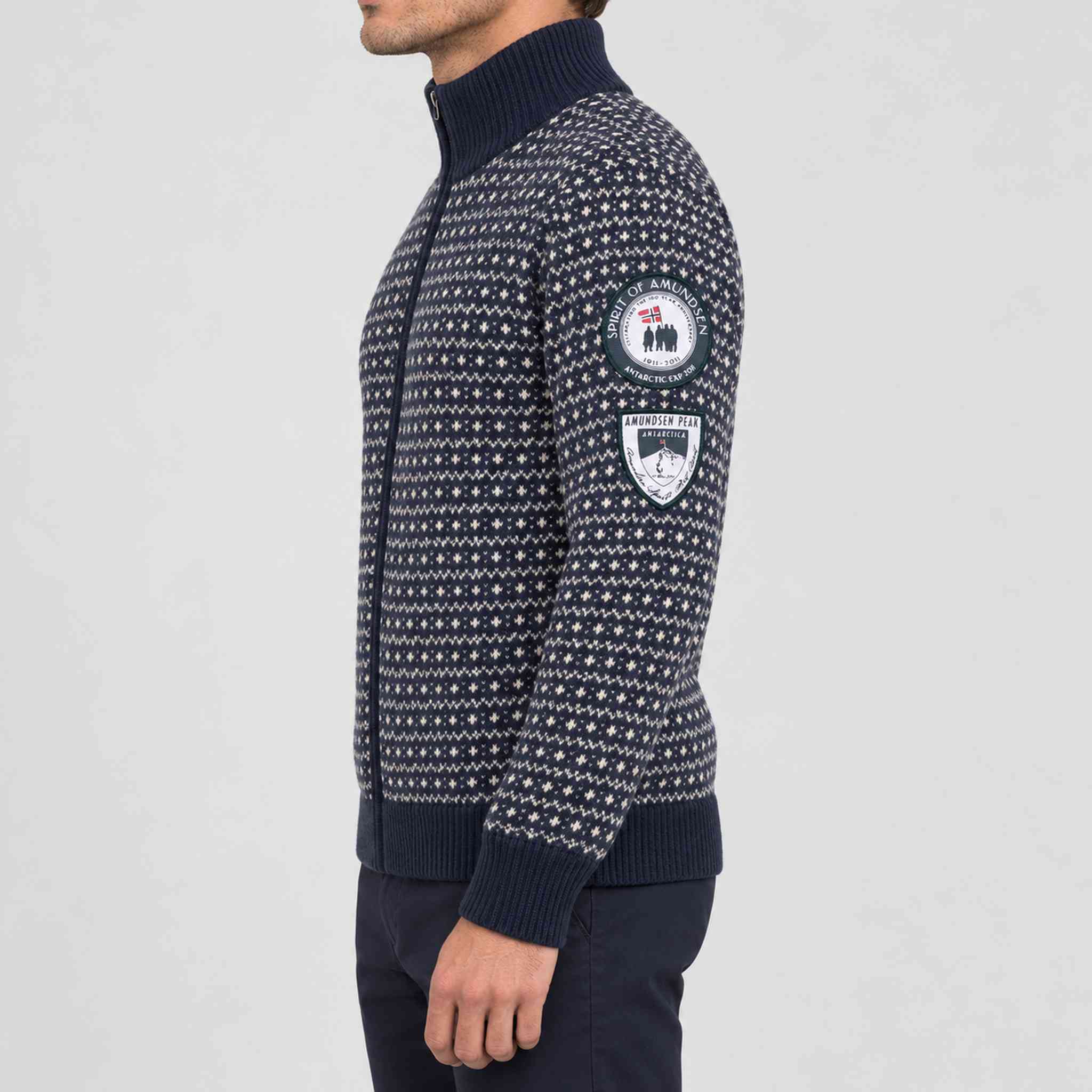 Amundsen Heroes of Telemark Full Zip in Faded Navy, side view on model.