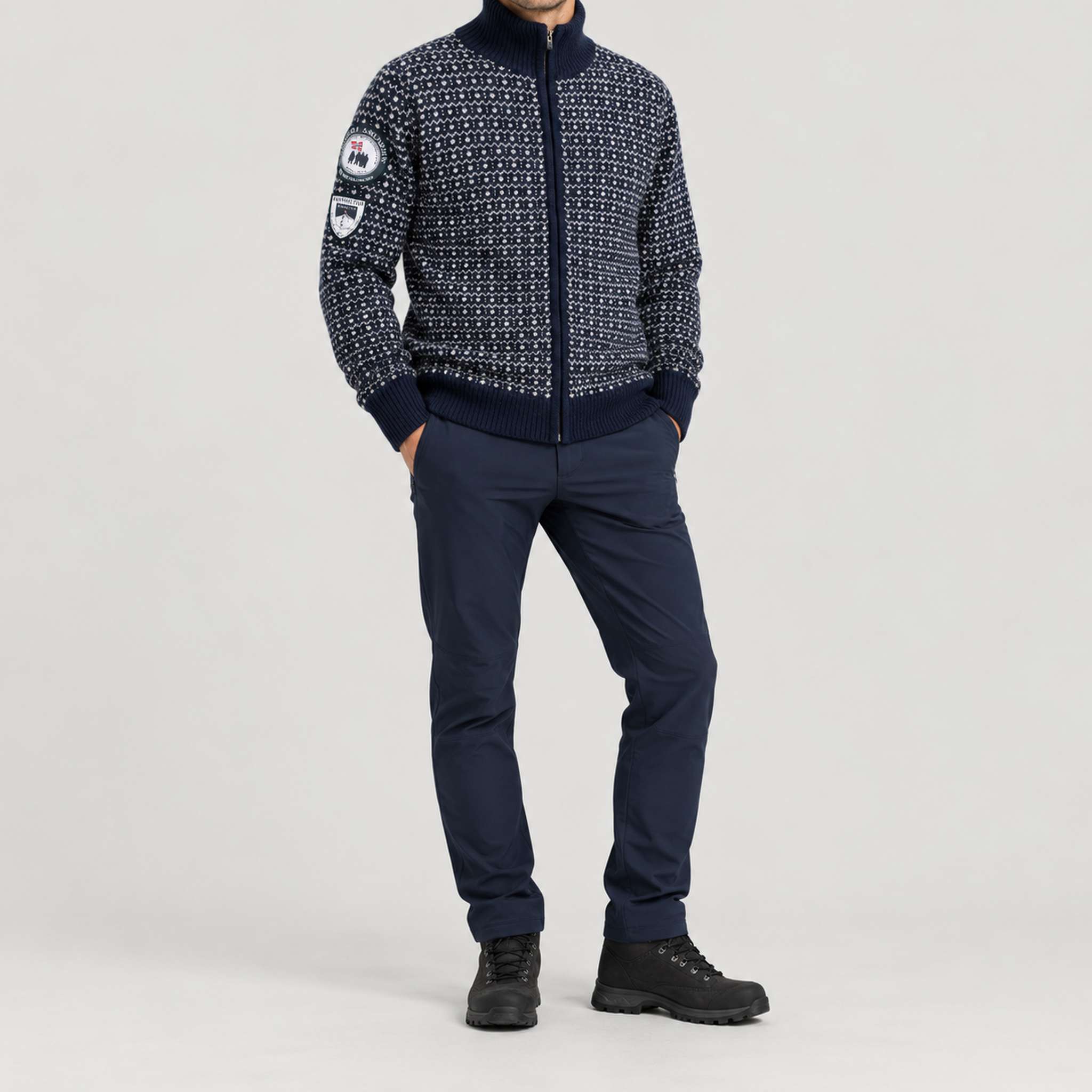 Amundsen Heroes of Telemark Full Zip in Faded Navy, full outfit view on model.