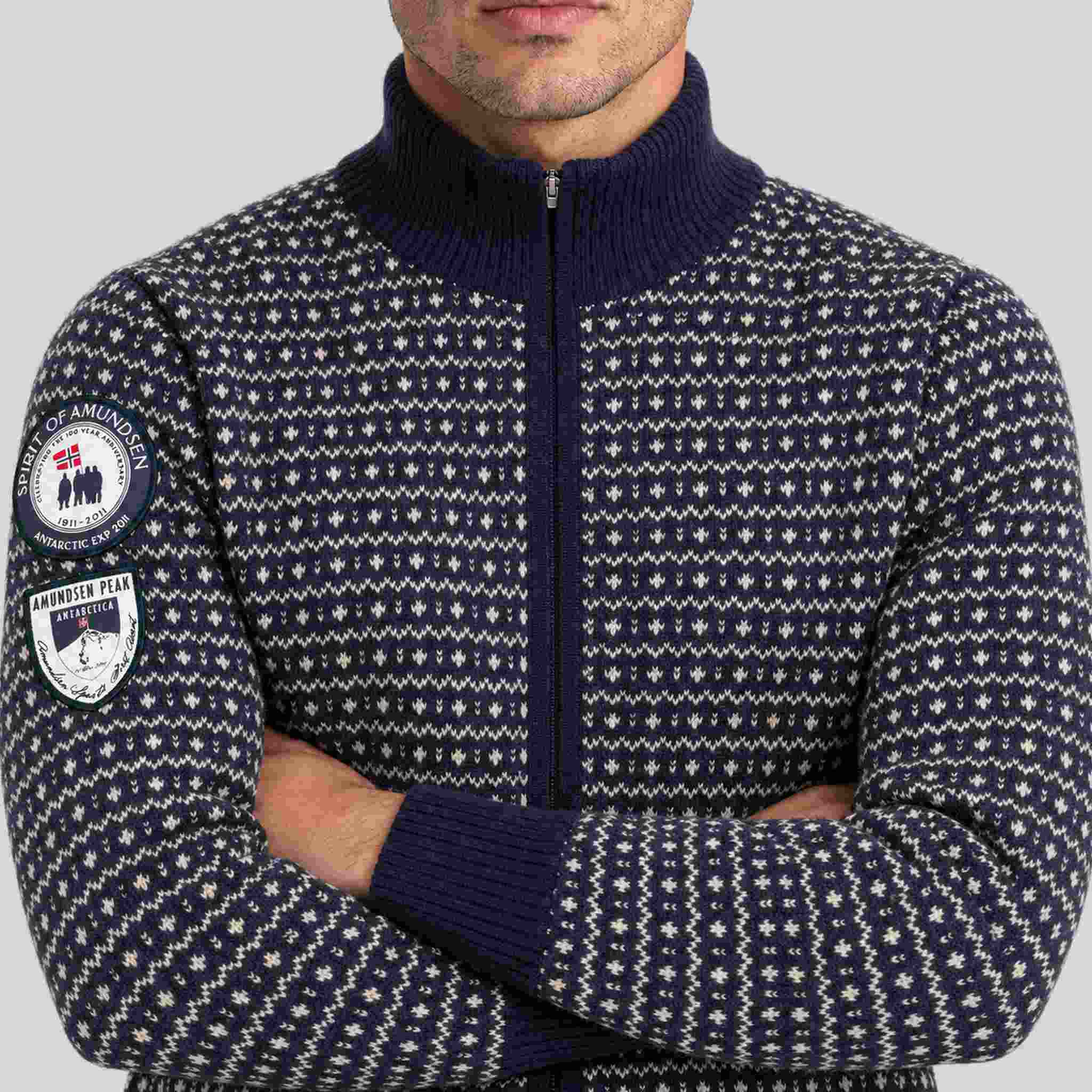 Amundsen Heroes of Telemark Full Zip in Faded Navy, close-up fabric detail on model.