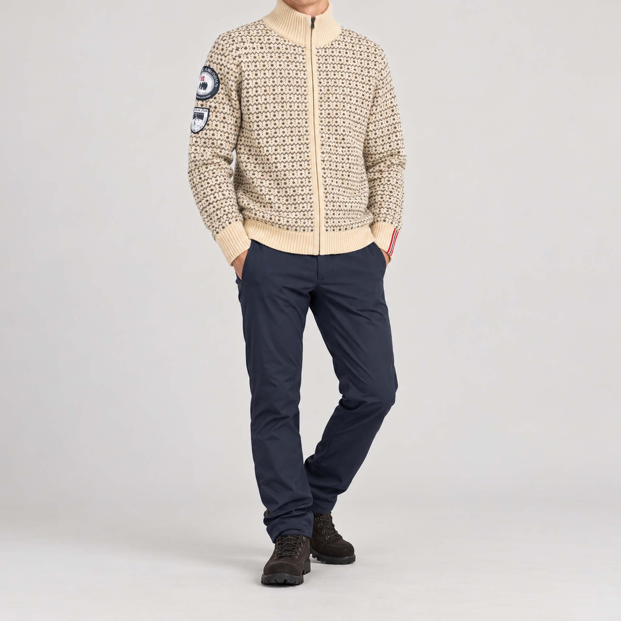 Amundsen Heroes of Telemark Full Zip in Natural, full outfit view on model.